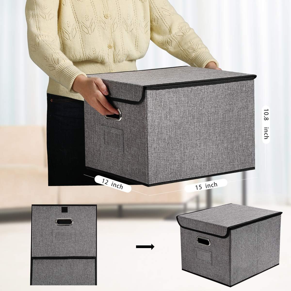 File Organizer Box 4-pack Collapsible Decorative Linen Filing Storage Hanging File Folders with Lids Office Cabinet Letter Size Grey