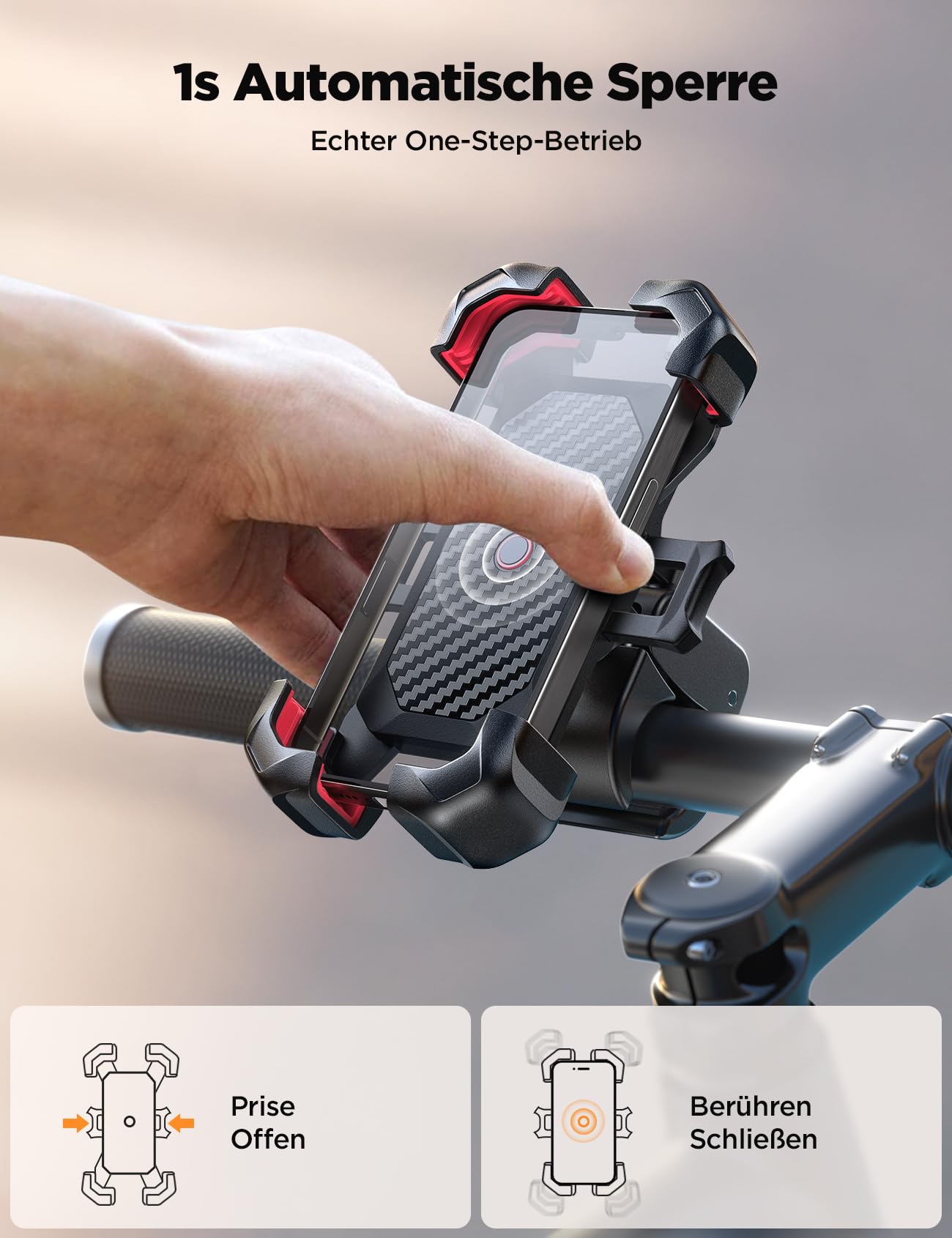 JOYROOM 2026 Handyhalterung Fahrrad, [1s Auto-Sperre][100mph Militär Anti-Shake] Handyhalterung Motorrad, [5s Install] Universal Lenker Holder für iPhone 17 Samsung S26, Alle 4,7‘’-7" Smartphone