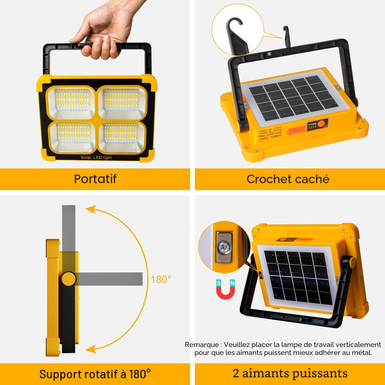 Projecteur Led Rechargeable 100W: Projecteur Led Chantier | avec Panneau Solaire - 12000mAh USB Lampe Chantier 4 Mode d'éclairage Idéal pour Camping Travail Garage Atelier