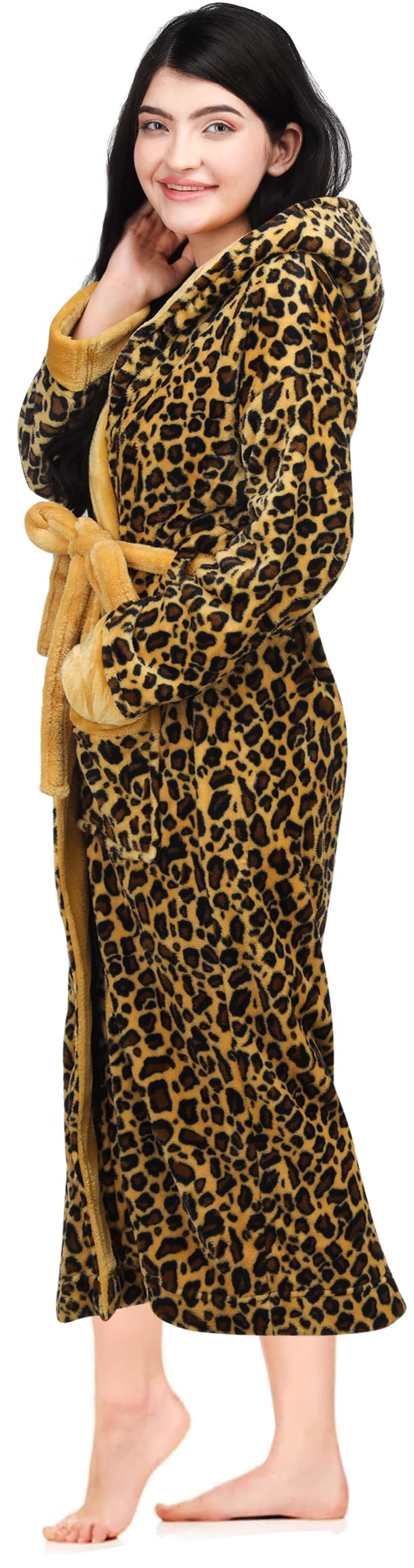 NY Threads Womens Fleece Hooded Bath Robe Plush Long Robe, Leopard