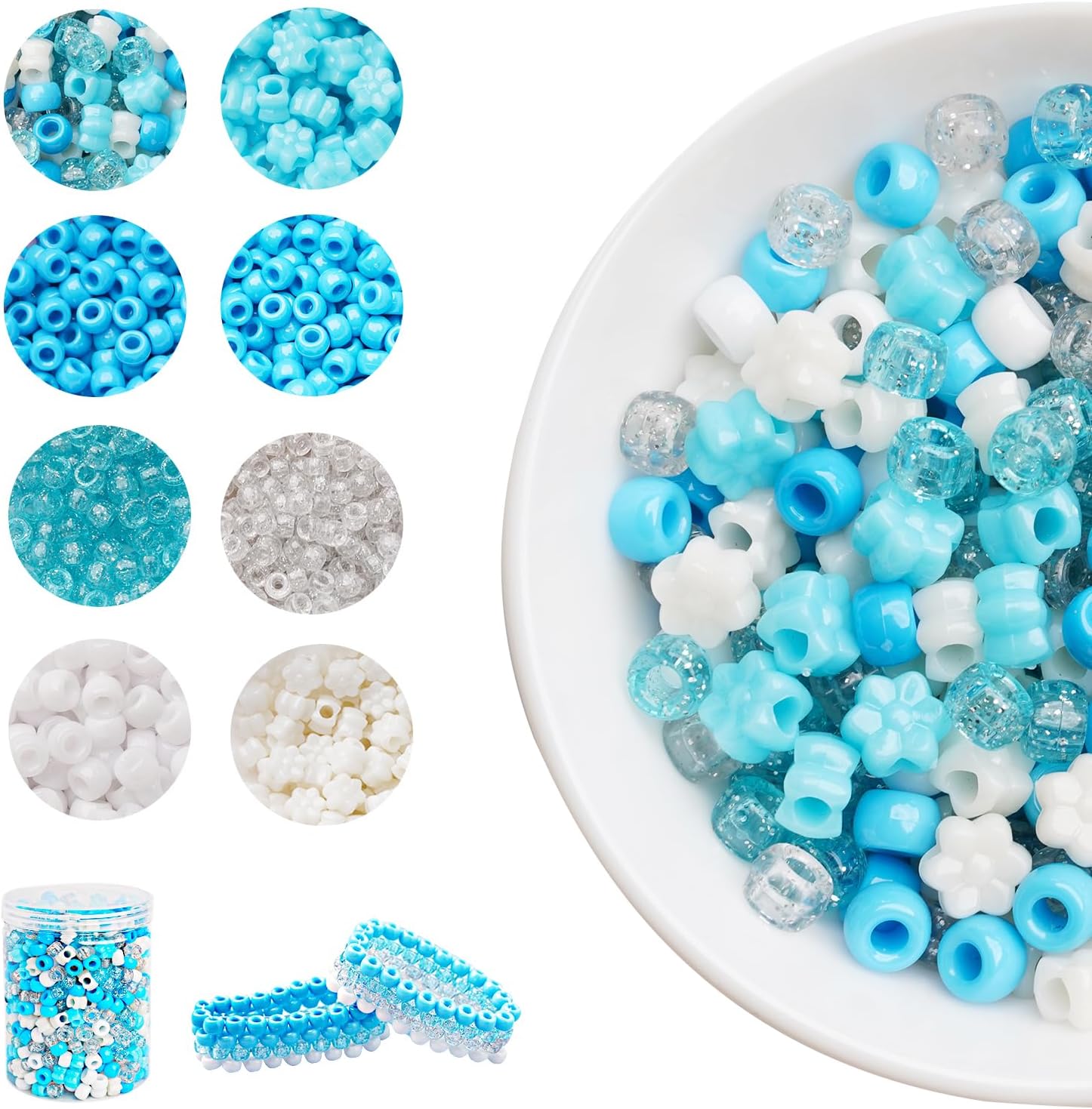 Winter Pony Beads (1200pcs), Blue and White Snowflake Pony Beads Bulk for Bracelets Making, Arts & Crafts Beading Supplies for Jewelry Making, Hair Beading