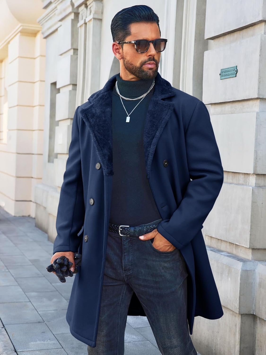 Runcati Mens Trench Coat Double Breasted Notched Collar Fleece Jacket Slim Fit Fall Winter Fuzzy Pea Coats Warm Overcoat - Image 2