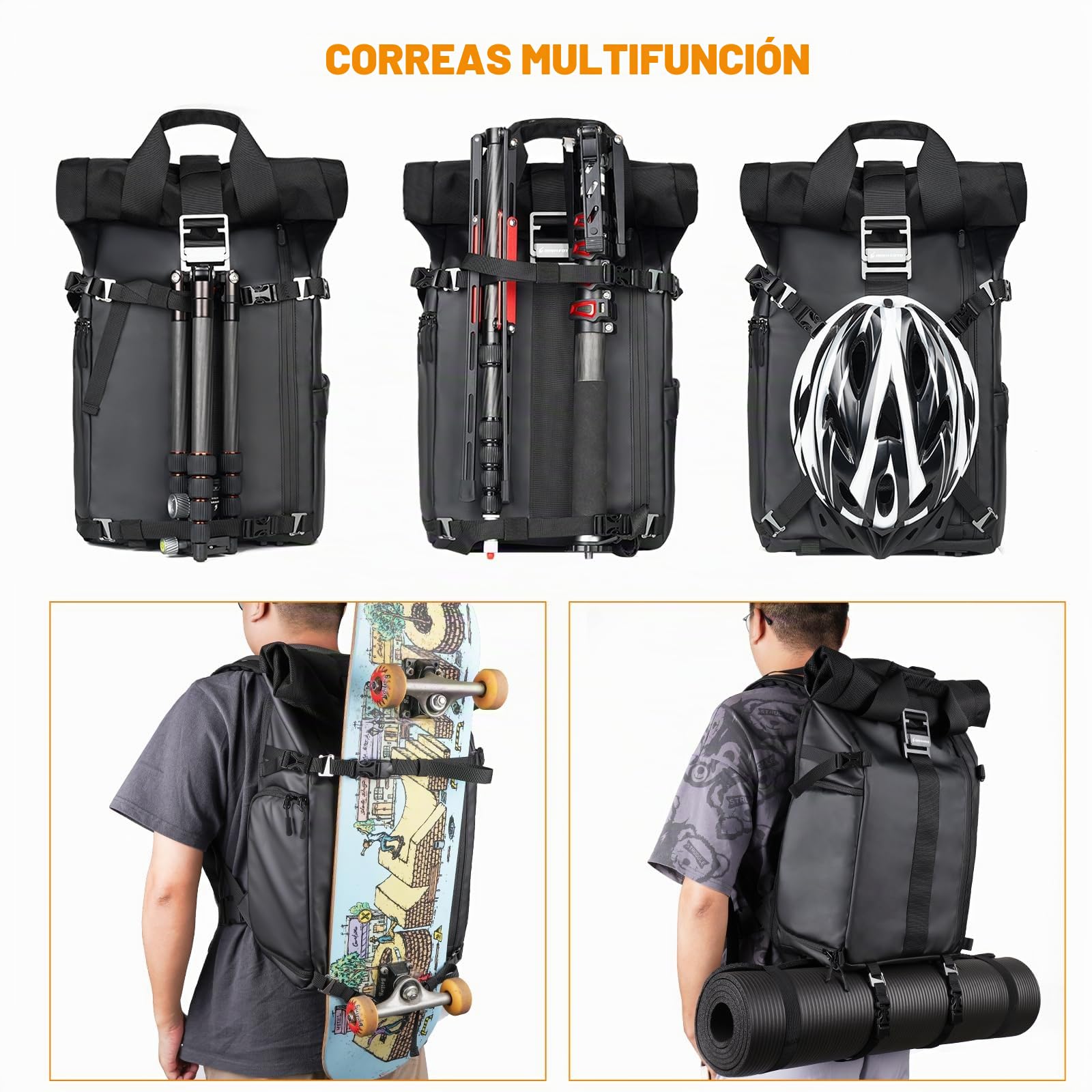 Besnfoto Mochila impermeable para cámara réflex digital, sin espejo, con compartimento para ordenador portátil, Negro -, L, Mochila enrollable para cámara fotográfica