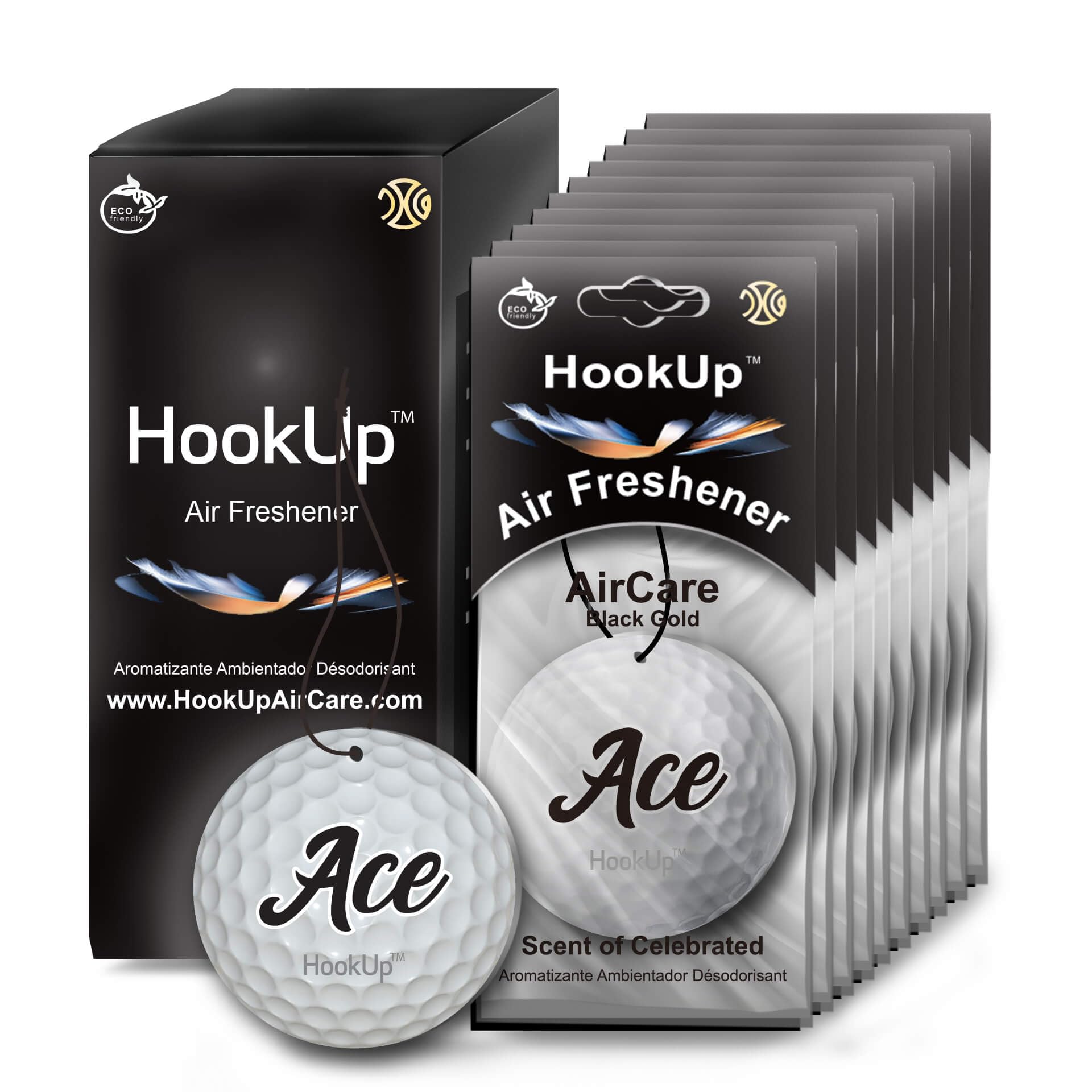 Golf Car Air Freshener by HookUp - 10 Pack - Black Gold Scent (Extra Strong) | Unique Golf Gift for Players, Coach, Fans | Hanging Car Accessory with Long Lasting Fresheners Smell
