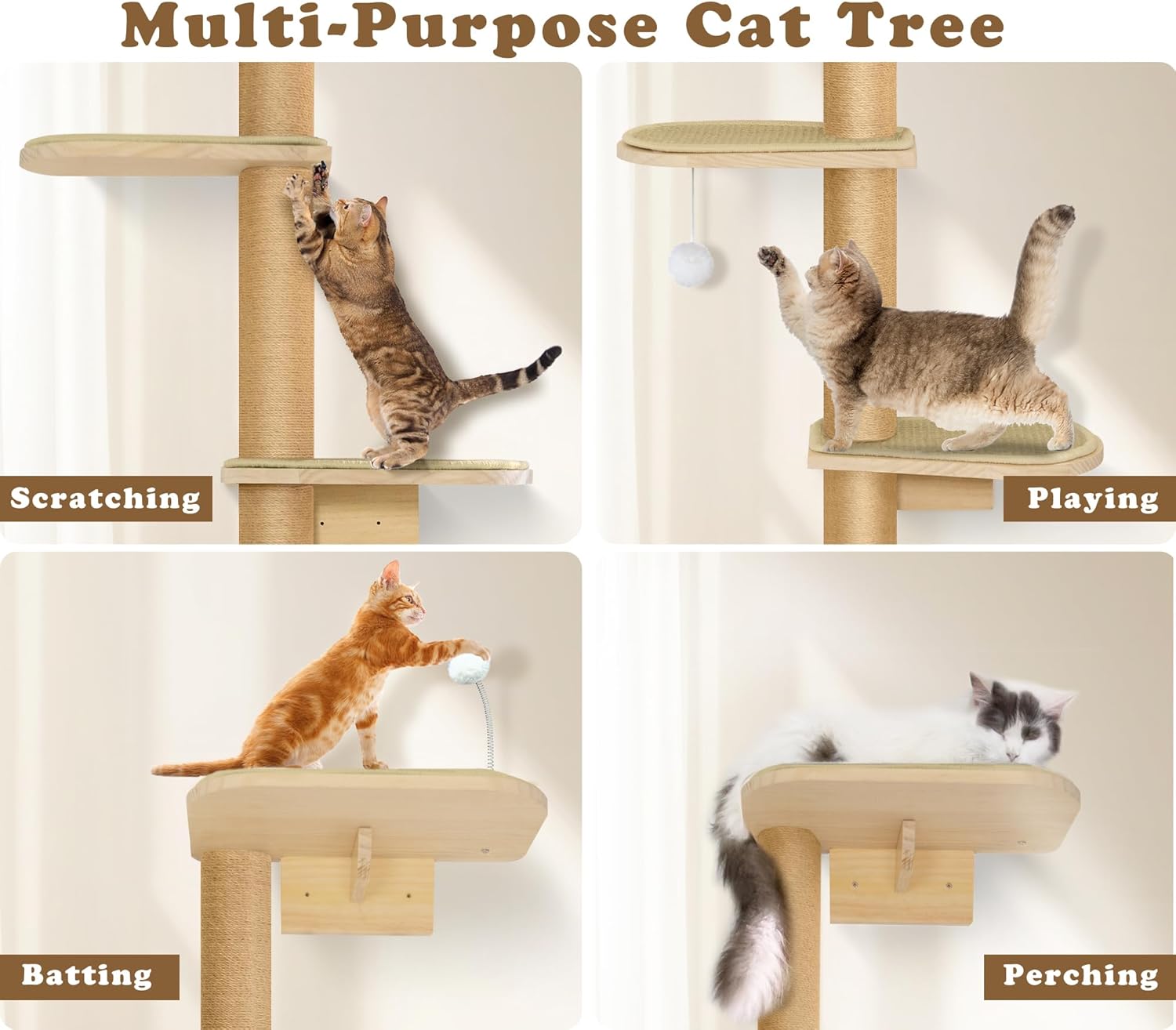 Wild Simulation Cat Tree for Kittens, 5-Level Floor to Ceiling Cat Wall Shelves with Sisal Mat Platforms, Rotating Wall-Mounted Climbing Tower for Scratch, Lookout & Perch