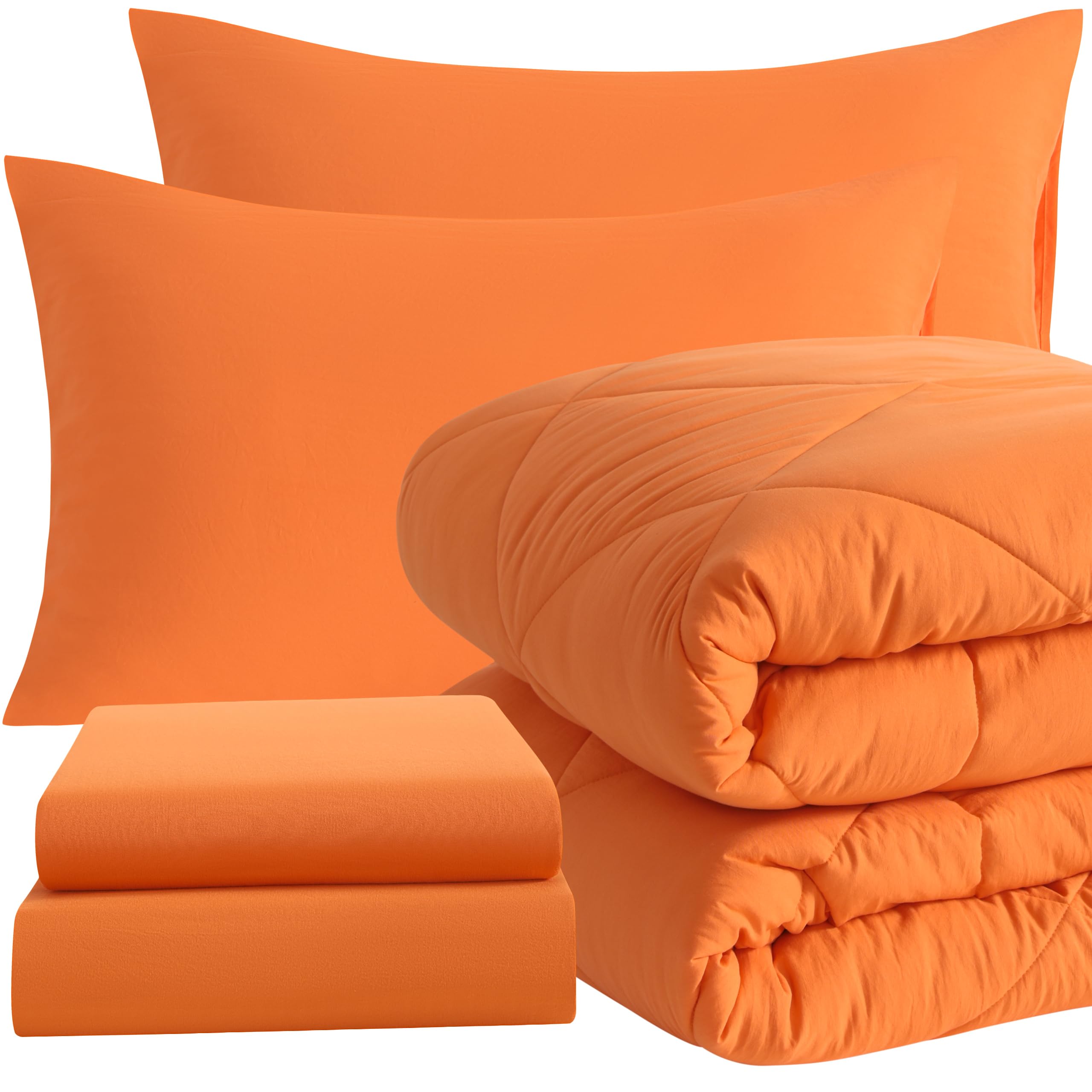 NTBAY Twin Comforter Set with Sheets, 5 Pieces Soft and Breathable Twin Bedding Set, Twin Bed in a Bag, Down Alternative Comforter Set Solid Color All Season, Kids Bedding Set, Orange