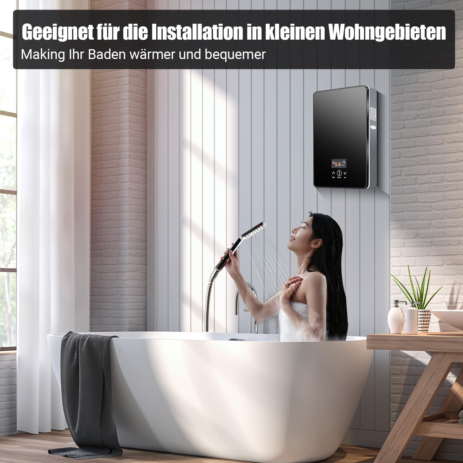 6500W Mini Durchlauferhitzer Dusche 230v Küche Elektrische Warmwasserbereiter with Duschdüse, Tankless Dusche Heißwassersystem mit Bad Dusche Kit, für Badezimmer Küche (Schwarz)