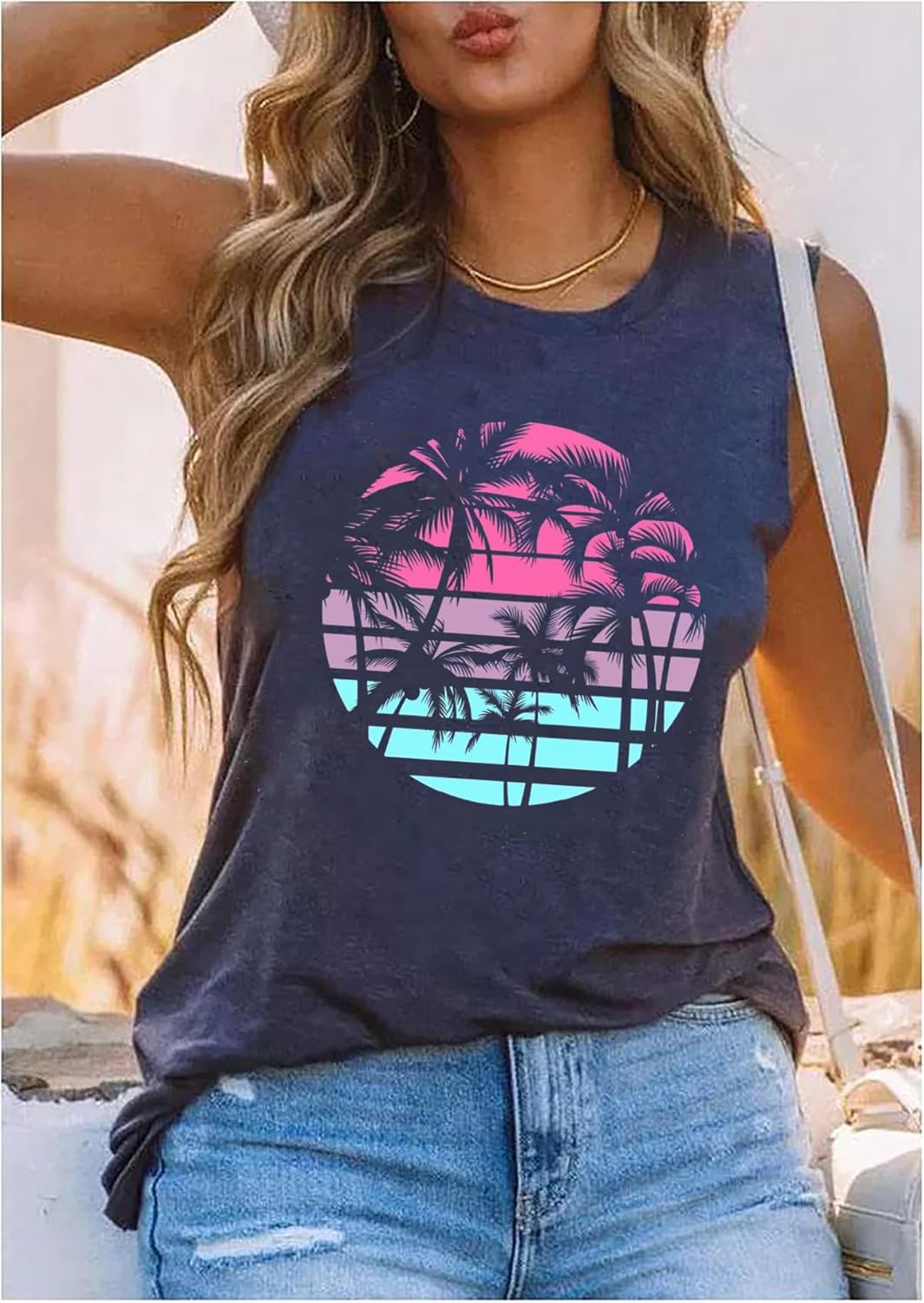 Hawaiian Beach Tank top for Women Summer Palm Tree Graphic Vacation Tops - Image 3