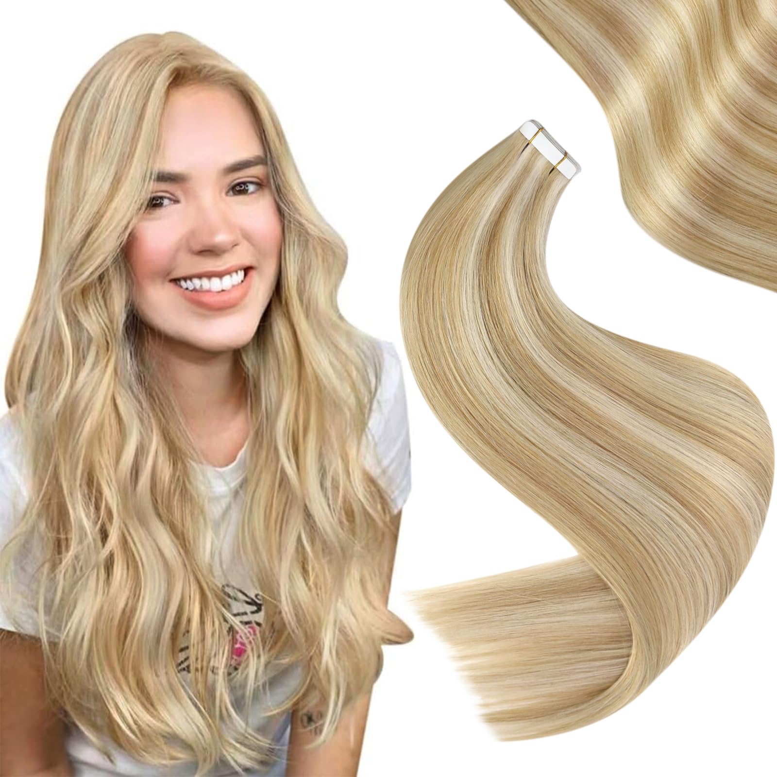 Easyouth Hair Extensions Tape in Human Hair Invisible Tape Hair Extensions Blonde Highlight Tape Extensions Real Human Hair Tape ins 24 Inch Honey Blonde Mixed Medium Blond 50g 20Pcs #27/613