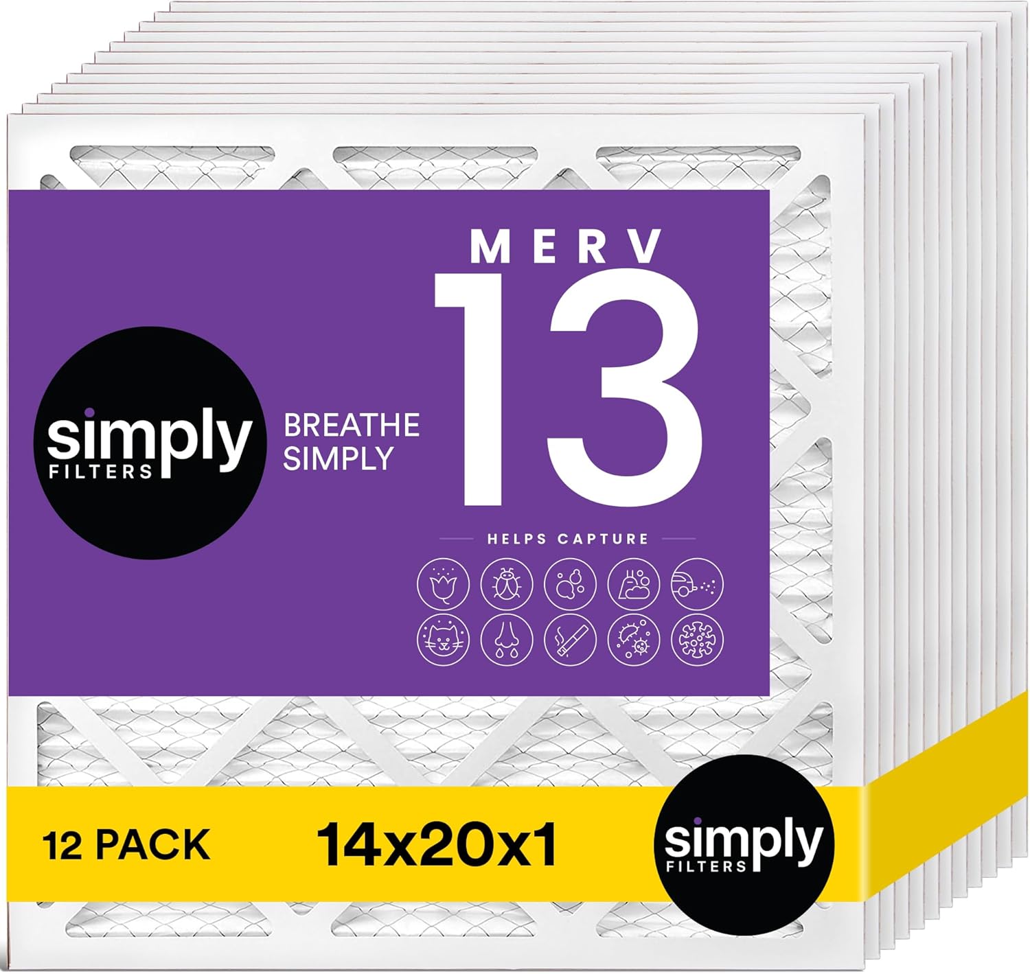 Simply 14x20x1 Air Filter, MERV 13, 12 Pack, For Home AC Furnace & HVAC (Actual Size: 13.75"x19.75"x0.75") DUST, Pet, & Allergy Control