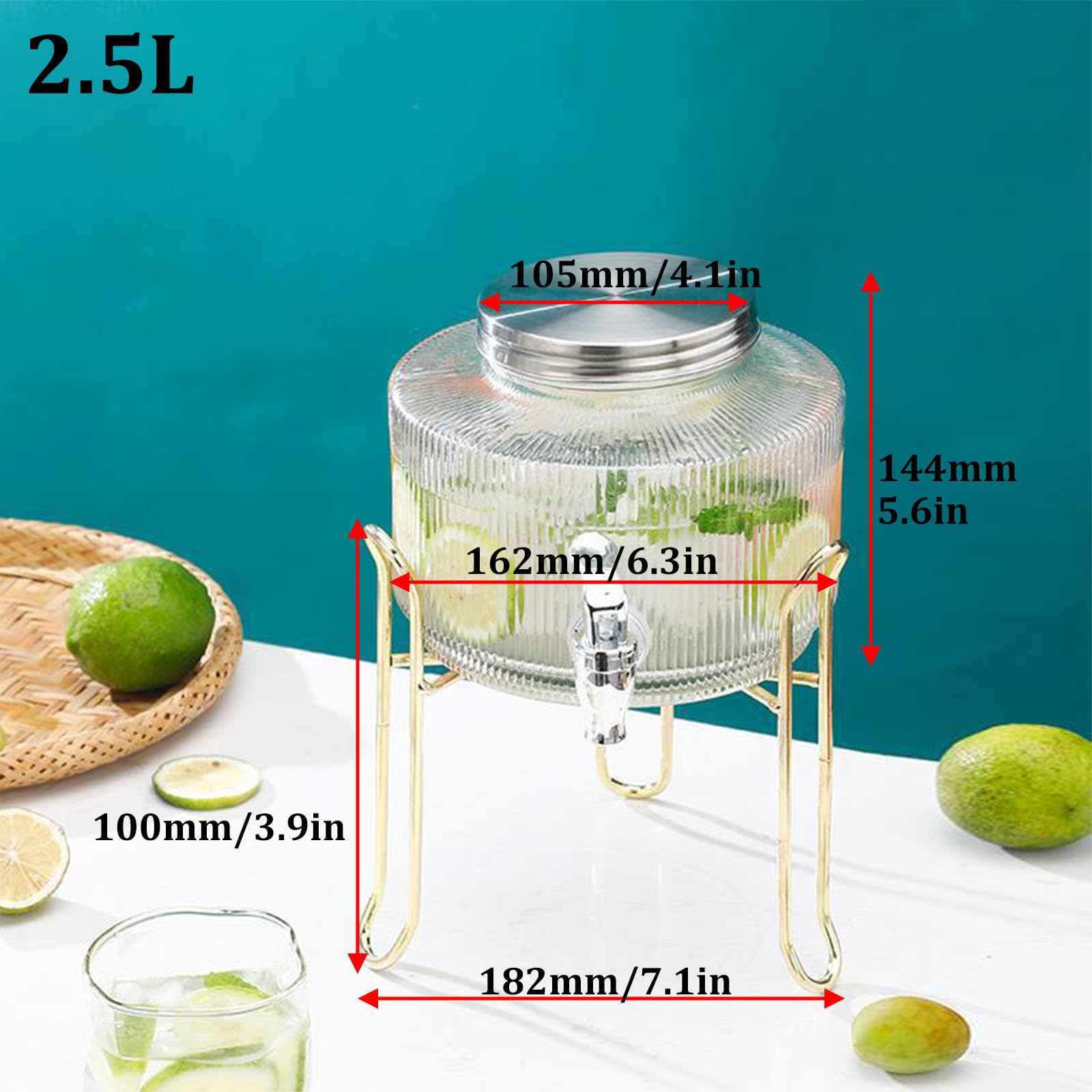 Getränkespender,Glaskaraffe,Glaskrug Mit Zapfhahn Aus ABS Und Basis Aus,Wasserspender Saftspender Limonadenspender Glasbehälter Für Getränke,Silver Faucet+Shelf,2.5L