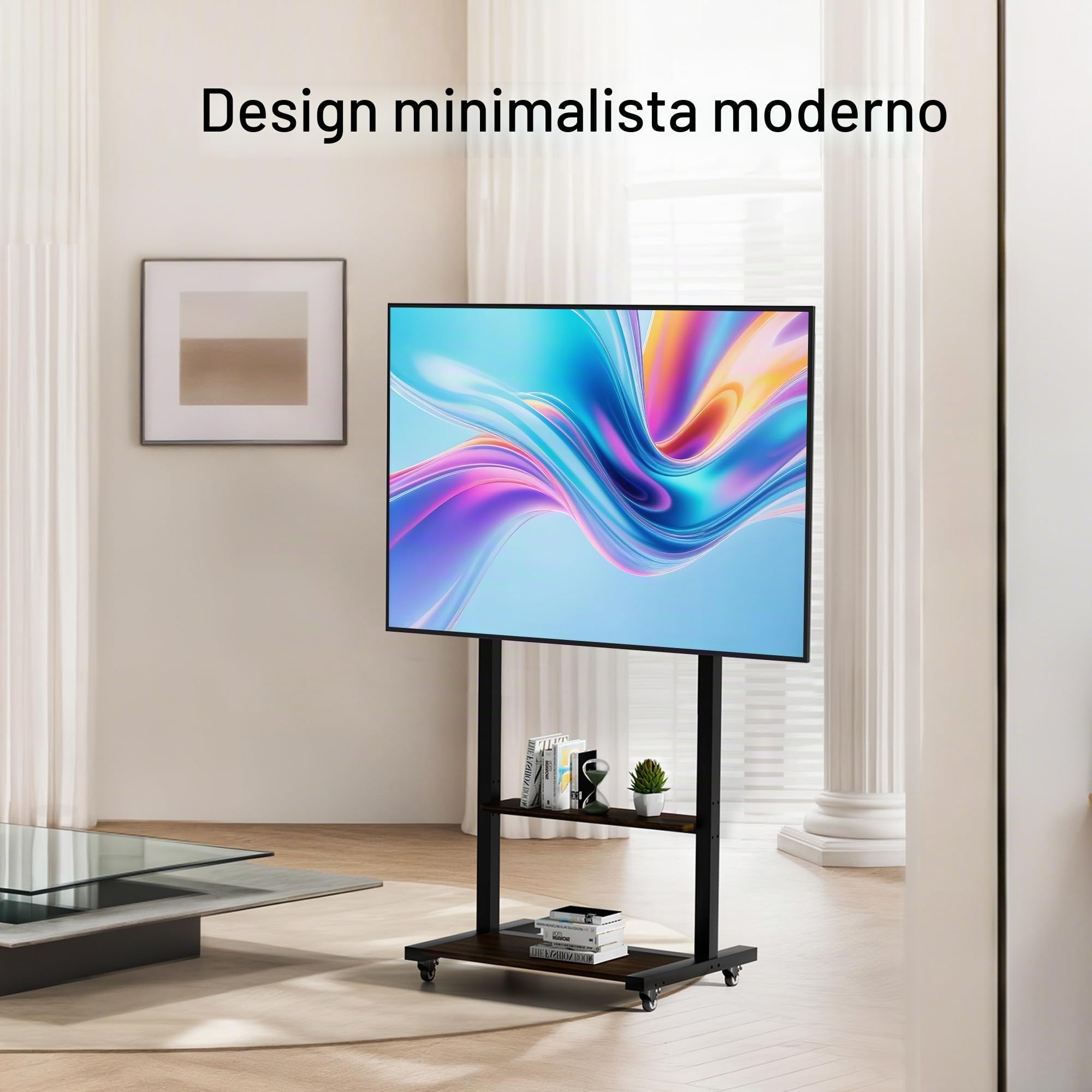 UNHO Supporto TV da Pavimento con Ruote per Schermi 40-100 Pollici: Supporto TV Mobile con Rotelle, Peso Max 100kg Max VESA 800x600mm, Regolabile in Altezza, Ripiani in Legno