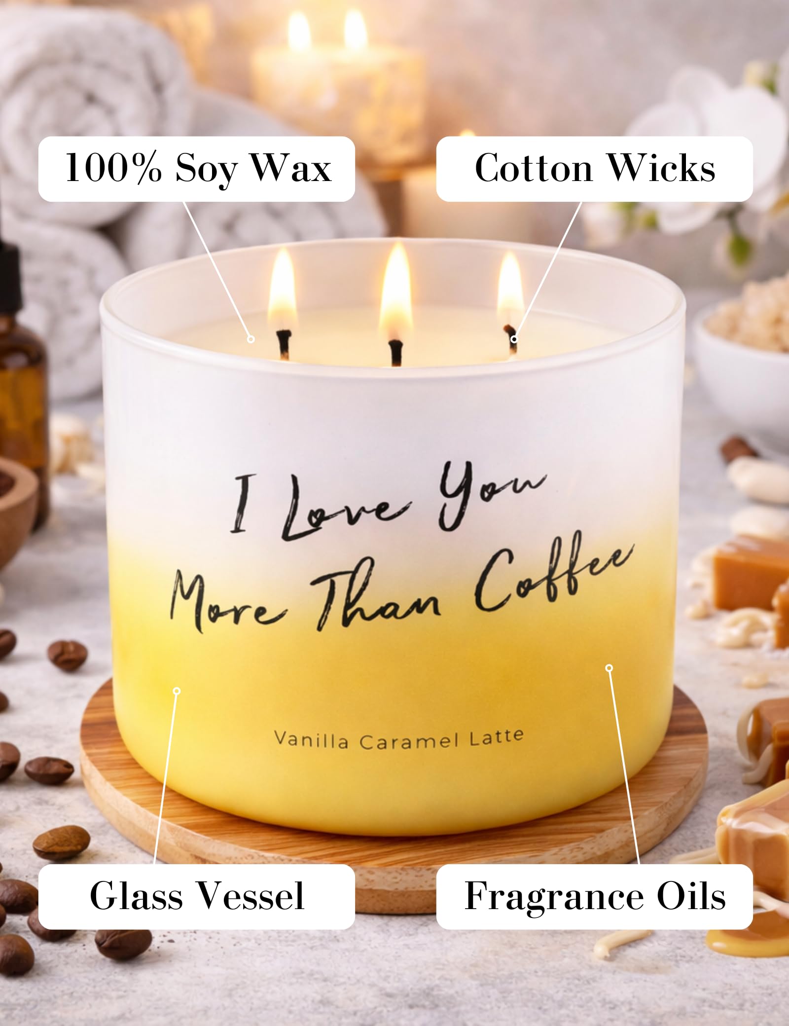 Candele profumate alla vaniglia al caramello e latte, con 3 stoppini, per la casa, con citazione "I Love You More Than Coffee", 450 ml, candele di soia naturali per donne e uomini, grande candela