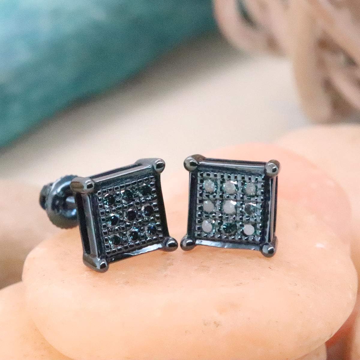 Dazzlingrock Collection 0.25 Ctw Round Blue Natural Diamond 8mm Square Hip Hop Iced Out Studs in Blue Plated 925 Sterling Silver, Unisex Design Ladies,Mens Real Natural Diamond Earrings