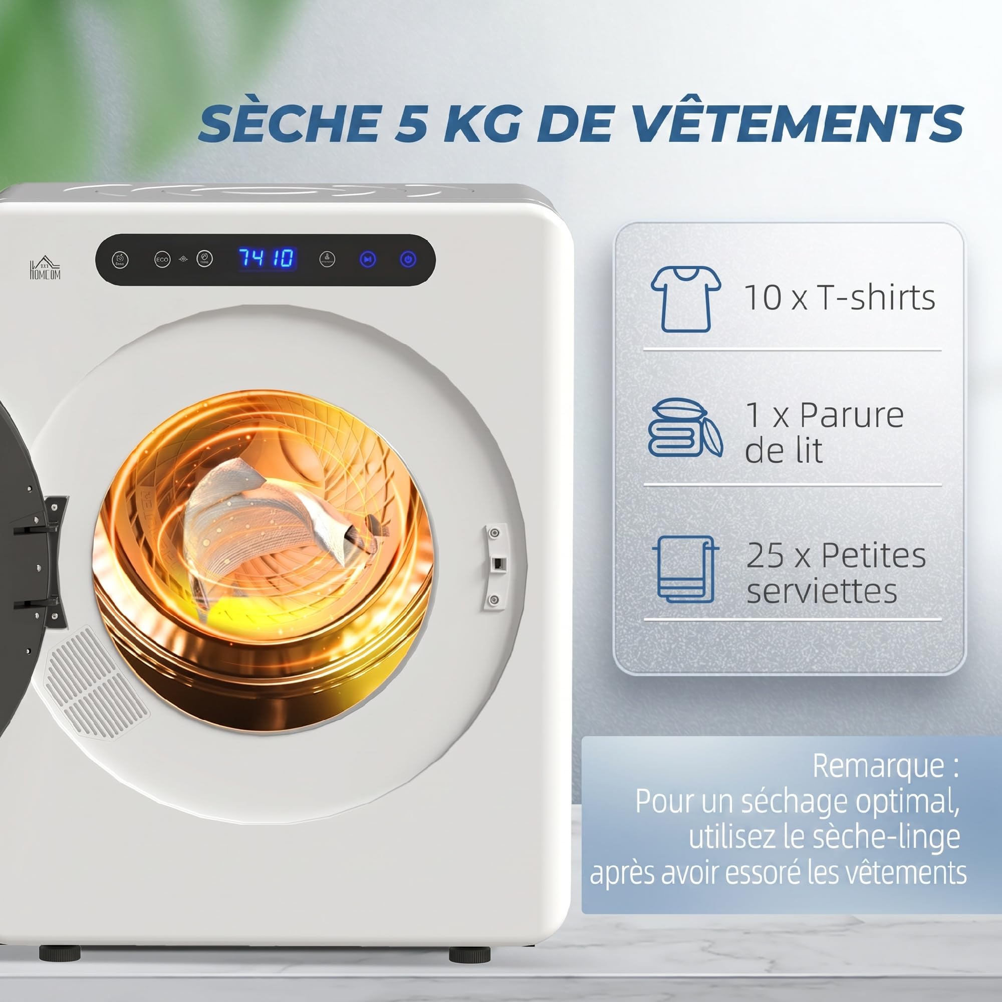 HOMCOM - Secador de ropa de drenaje compacto (1000 W, 3 kg, con 6 modos de secado, tanque de acero inoxidable, carga frontal, temporizador, para apartamento, casa, autocaravanas, color blanco
