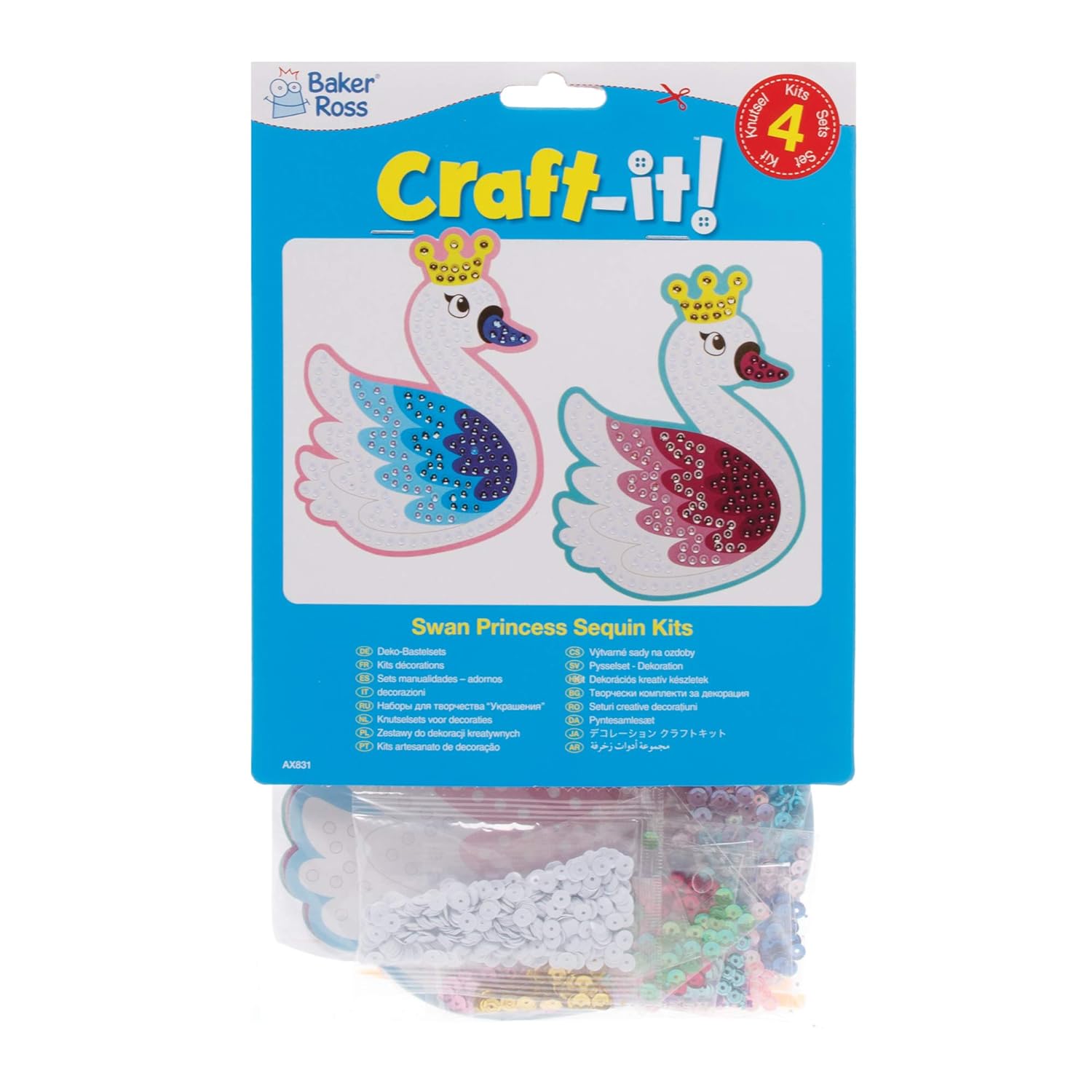 Baker Ross AX831 Swan Princess Sequin Kits - Pack of 4, for Children to Decorate and Personalize Arts Projects, Ideal Groups, Home Crafting, Class Room Activities