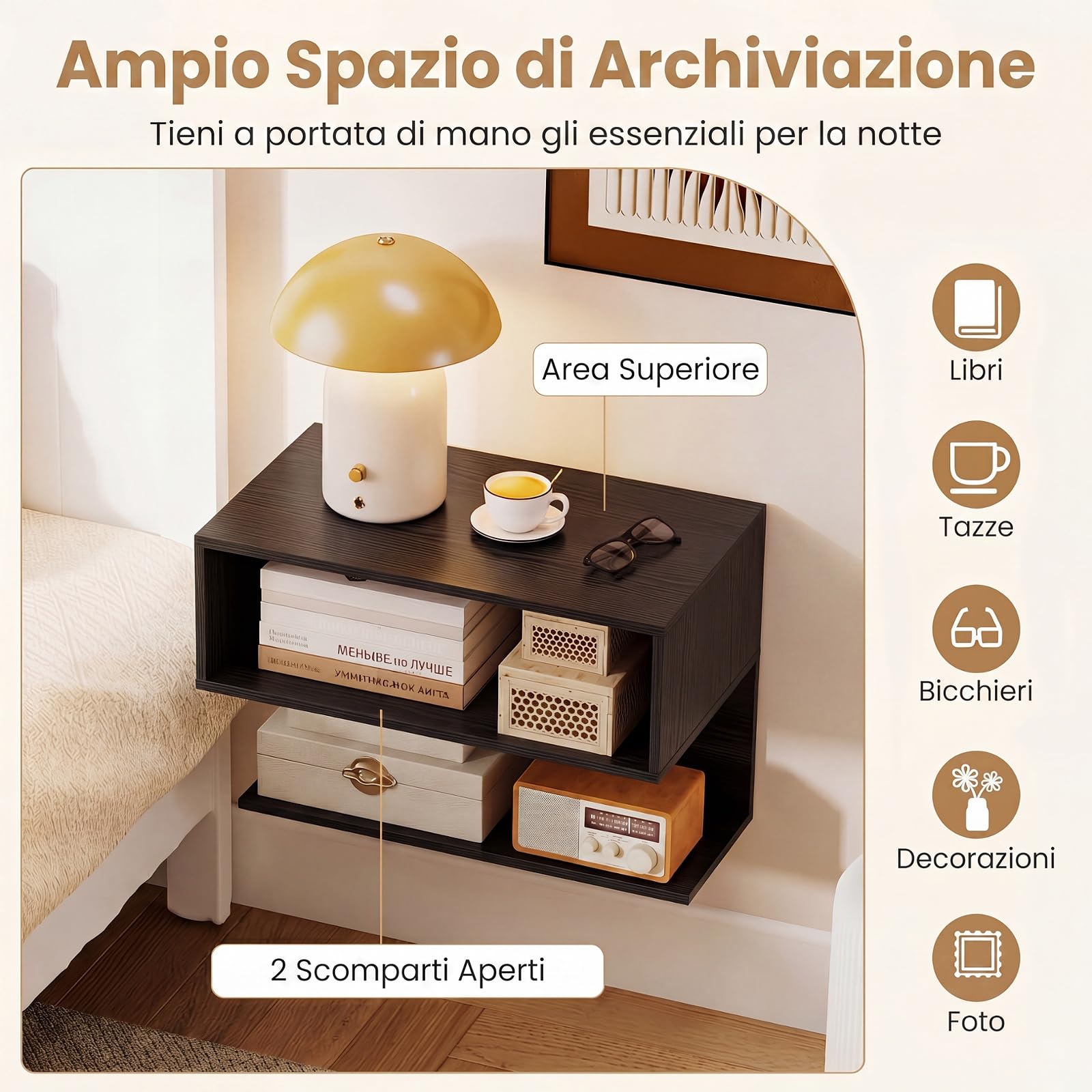 COSTWAY Comodino da Parete Salvaspazio, 50 x 30 x 36,5 cm (Nero)