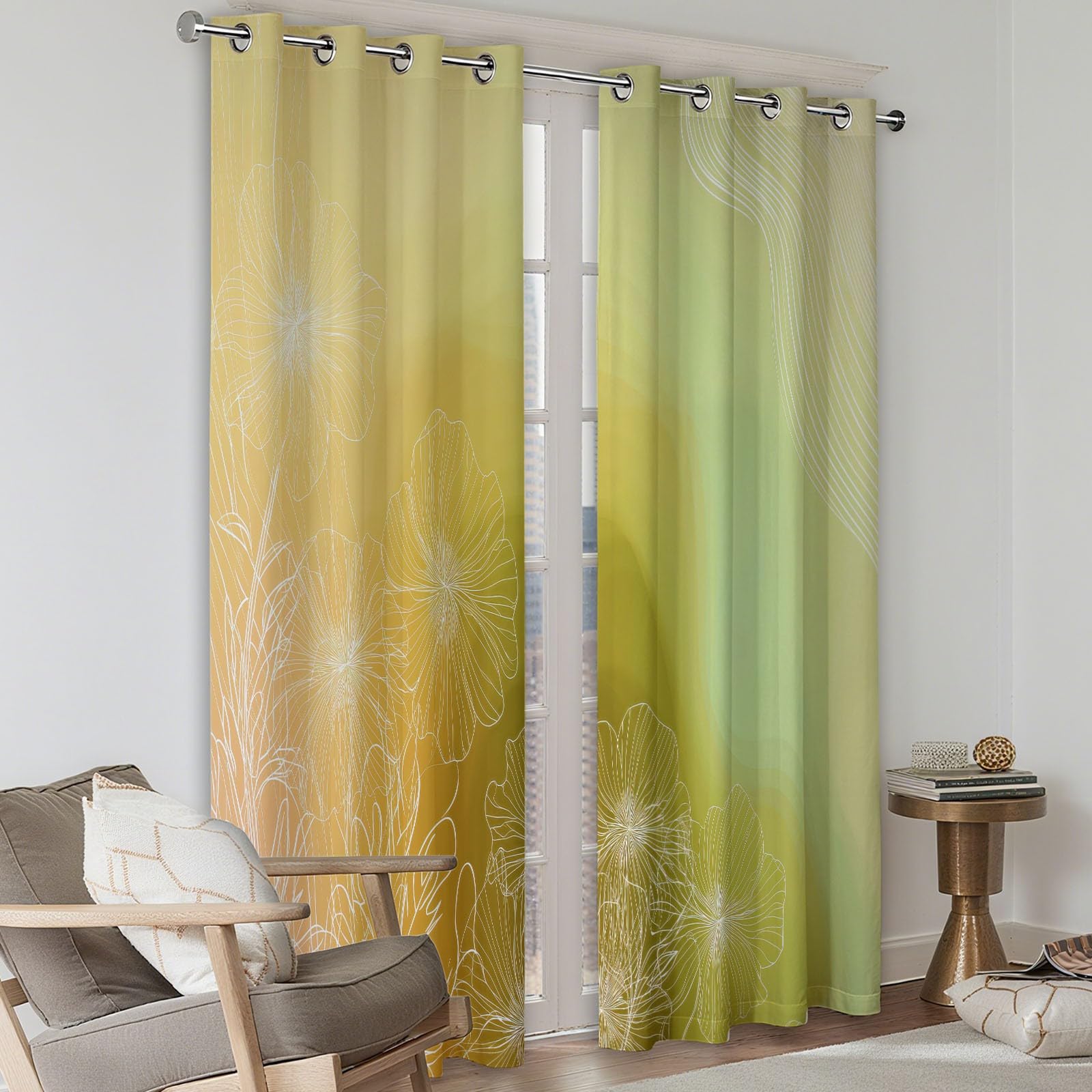Zasłony zaciemniające, 166 x 75 cm, rośliny, gradient kolorów, gałęzie i liście, druk artystyczny 3D, z mikrofibry, zasłona z nadrukiem, na przelotkach, dla dzieci, nastolatków, sypialni, zestaw 2