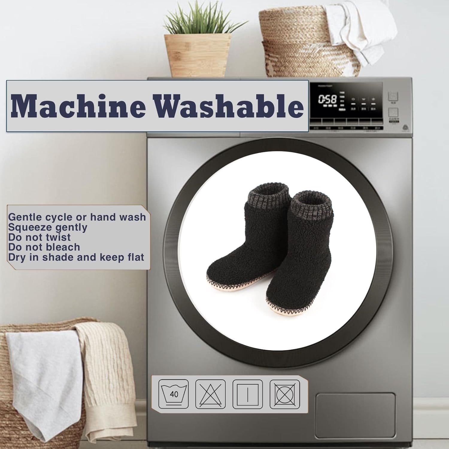 Men's Warm Up House Boots, Thick Fuzzy Sherpa Fleece Winter Moccasin Socks Non-slip Soles, Cozy Soft Comfy Indoor Shoes Rubber Grippers - Image 7