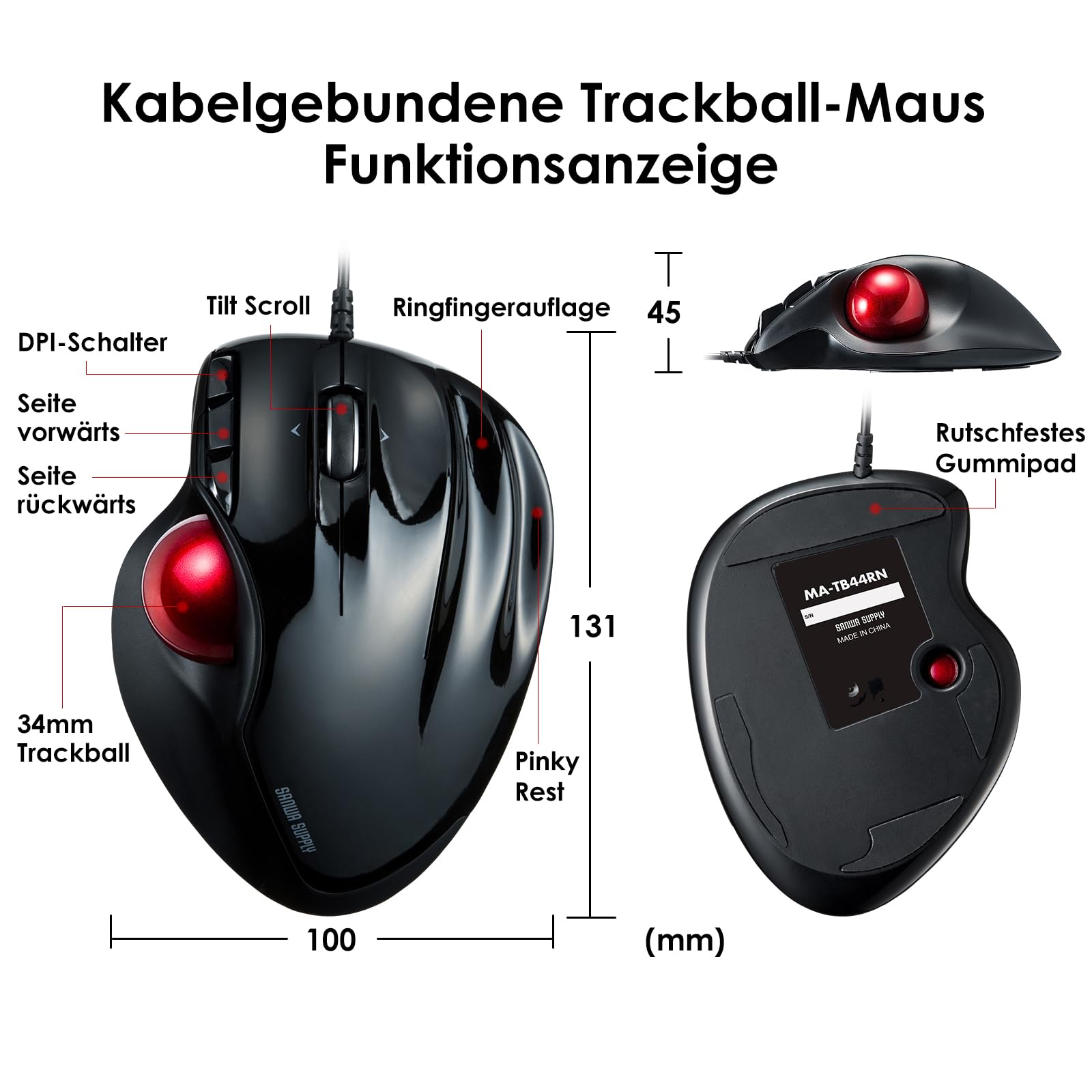 SANWA Trackball Maus mit Kabel, 4 Wege Scrollfunktion, 6 Programmierbare Tasten, Kabelgebundener Roller Ball Maus, 400-1600 DPI, Fingerauflage, Vorbeugung RSI, Kompatibel mit Winows, Mac, PC, Schwarz