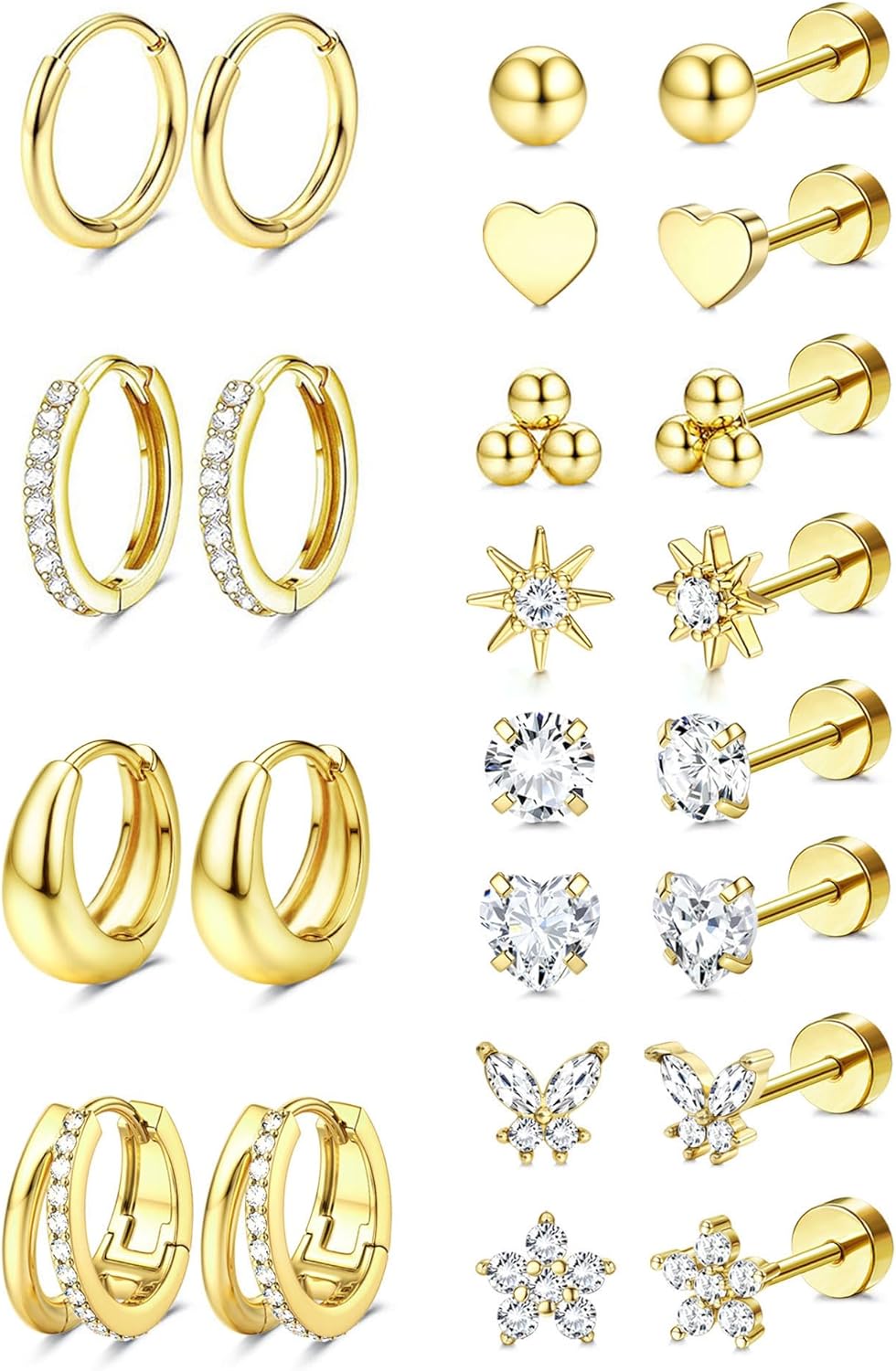 Jstyle Hypoallergenic 14K Gold Plated Stud Hoop Earrings for Women Men Surgical Stainless Steel Flat Back Earrings Small Huggie Hoops Cartilage Earring Set for Multiple Piercing Jewelry Gift for Women