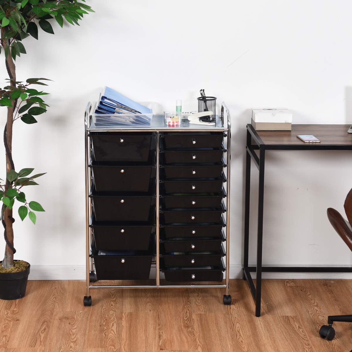 Carrito de almacenamiento de 15 cajones con ruedas bloqueables, organizador móvil multiusos para el hogar, oficina, papelería, belleza y salón de belleza, carrito rodante (negro)