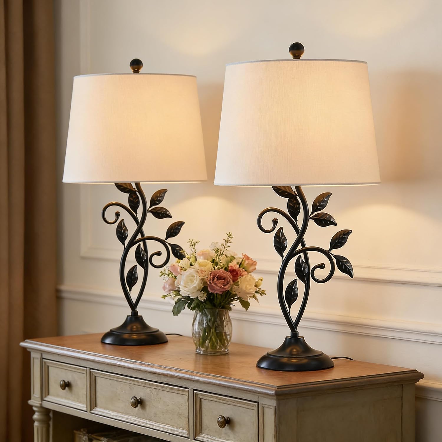 Maxax 26" Vintage Table Lamps Set of 2 for Living Room, Rustic Black Metal Bedside Lamps Farmhouse Bedroom Lamp with White Shade for Night Stand