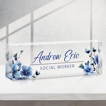 Custom Name Plate for Desk - Acrylic Desk Accessories Name Plate Personalized - Office Personalized Gifts for Coworkers Boss Lady Nurse Social Worker Employee Appreciation Gifts Blue Flower 3