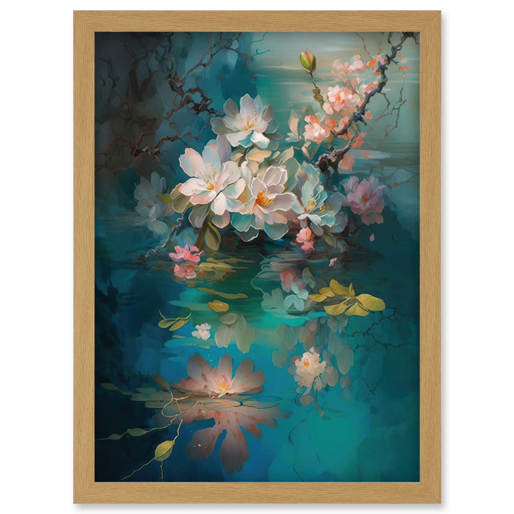 Artery8 Low Hanging Cherry Blossom Branch in River Stream Modern Watercolour Painting Artwork Framed Wall Art Print A4