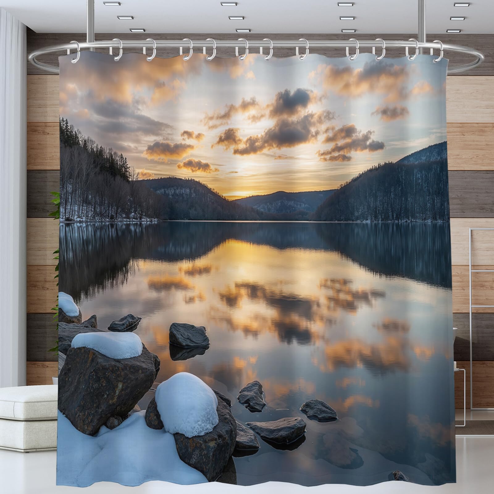 Rideau Douche,Rideau Baignoire Lavable en Machine Rideaux Douche Tissus Lavable Rideau De Baignoire Lavable pour Salle De Bain Domicile Baignoire Famille,Lac Sunset,