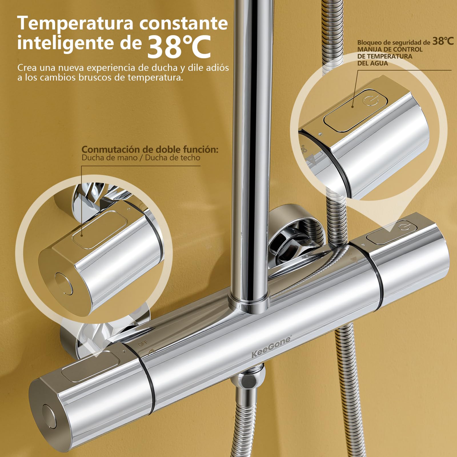 Sistema de ducha con termostato, ducha de lluvia de acero inoxidable de 25 cm, alcachofa de mano con 3 tipos de chorro, grifo de ducha, juego completo ajustable en altura con protección contra