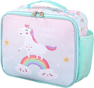 KEAIDUO Rainbow Unicorn Lunch Box for Kids - Insulated Lightweight Lunch Bag with Side Bottle Holder, Waterproof Cooler Tote for School & Picnic