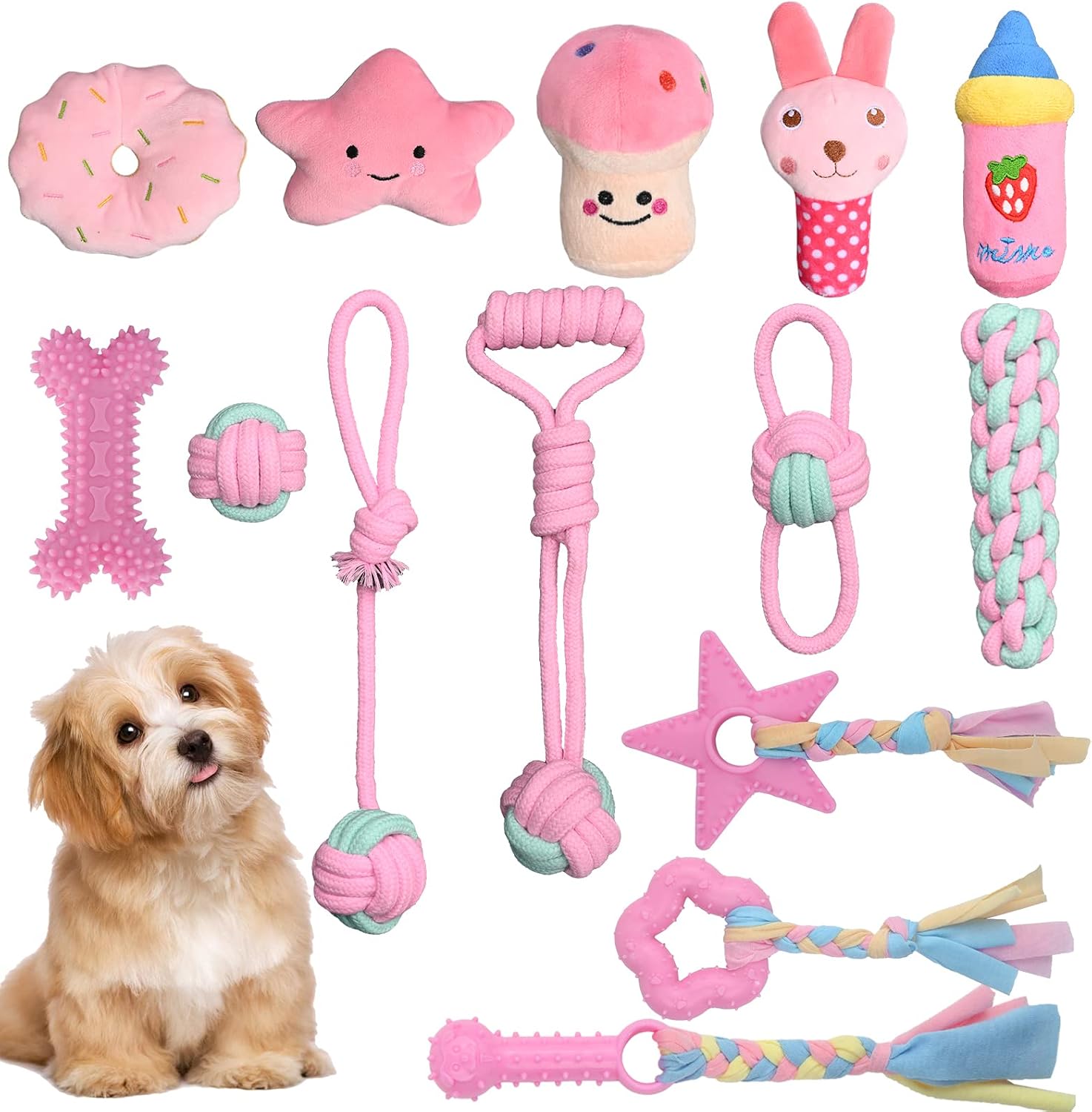 YMHPRIDE Dog Rope Toys for Dogs Durable Tough for Small Dog Chew Toys Indestructible Small Dog Puppy Teething Toys (Pink, Set of 14)