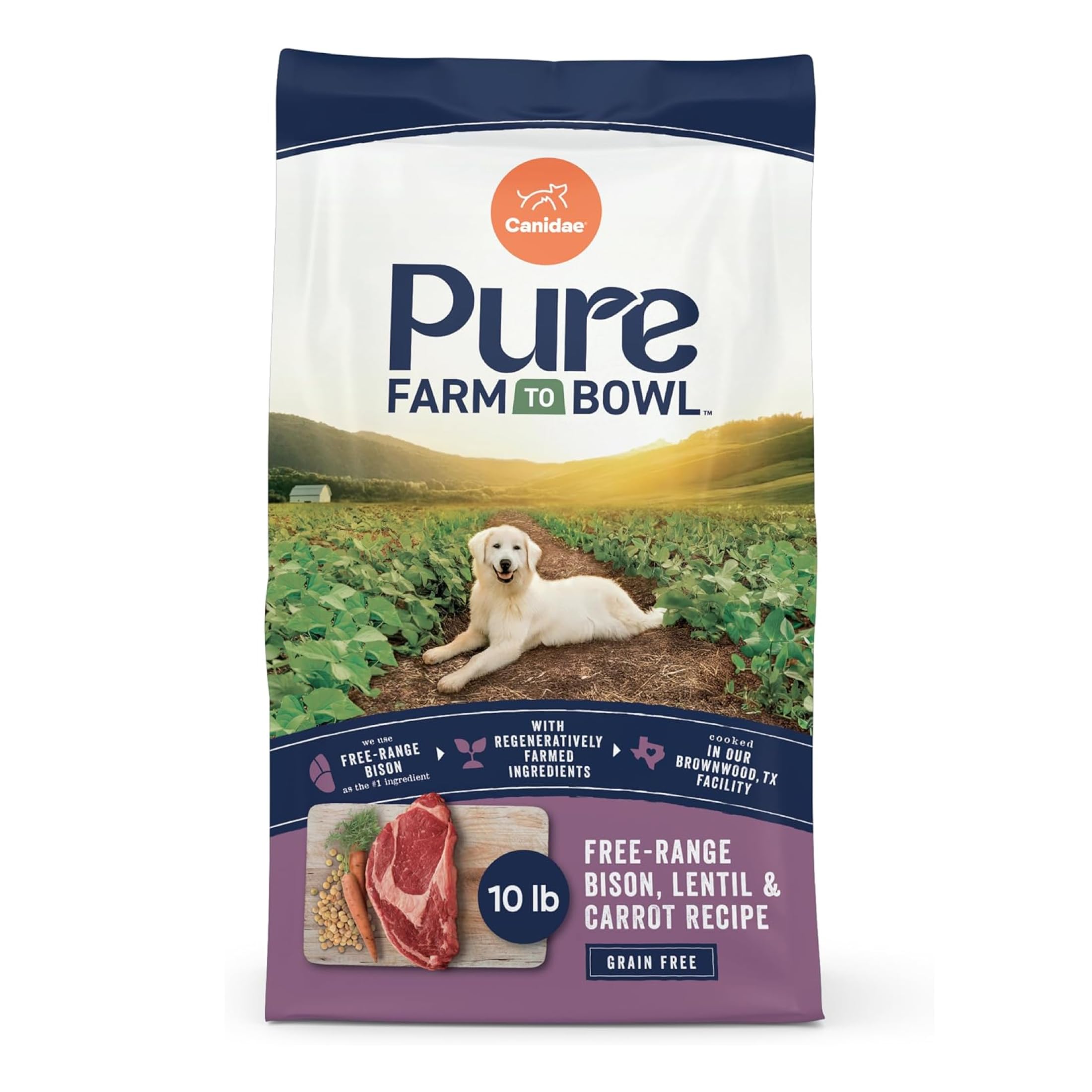 CANIDAE Pure Farm to Bowl, Free-Range Bison, Lentil & Carrot, 10 lb | Adult Dry Dog Food with Balanced Nutrition, Protein Rich, Limited-Ingredient Formula, Free from Grain, Wheat, and Soy, Bison, Lentil & Carrot, 10 Pound (Pack of 1)