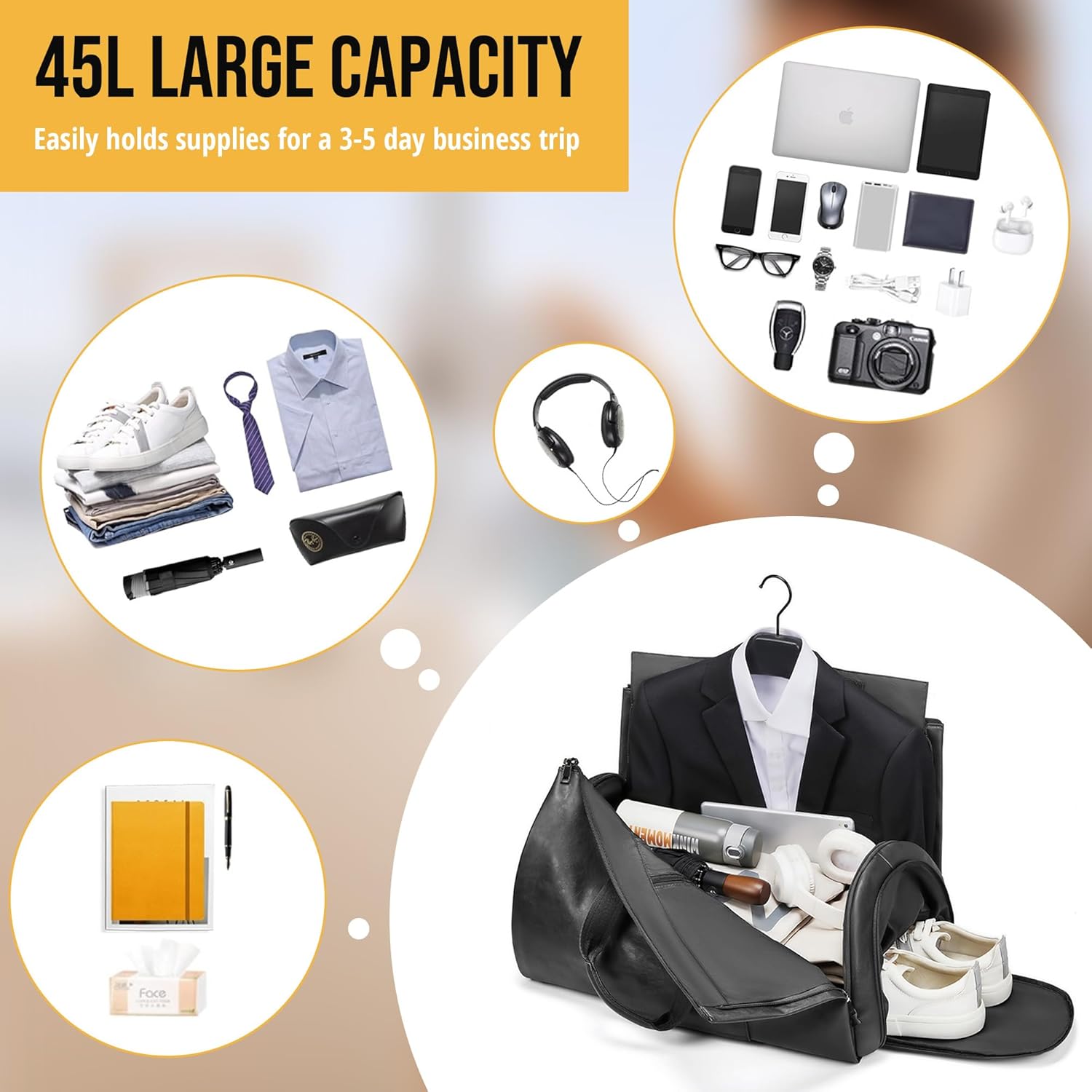 Convertible Garment Bag, Carry on Garment Duffel Bag with Shoulder Strap, Men's Women's Travel Clothing Bag with Shoe Compartment, 2-in-1 Hanging Suitcase Suit Business Travel Bag (Black) - Image 3