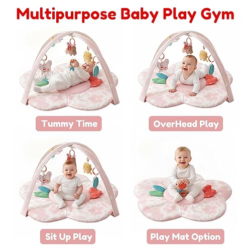 Miniatura 8 de Tapete de gimnasio y actividades para bebés con arco musical iluminado, tapete lavable para el tiempo boca abajo con 6 juguetes sensoriales