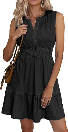  Womens Denim Dress Sleeveless Summer Casual Jean Dress Tiered Cowgirl Country Mini Soft Light Chambray with Pockets
