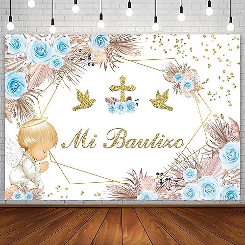 SENDY Telón de fondo Mi Bautizo de 8 x 6 pies, estilo bohemio, bautizo, Dios bendiga la primera comunión, decoraciones de fiesta para niño, ángel,
