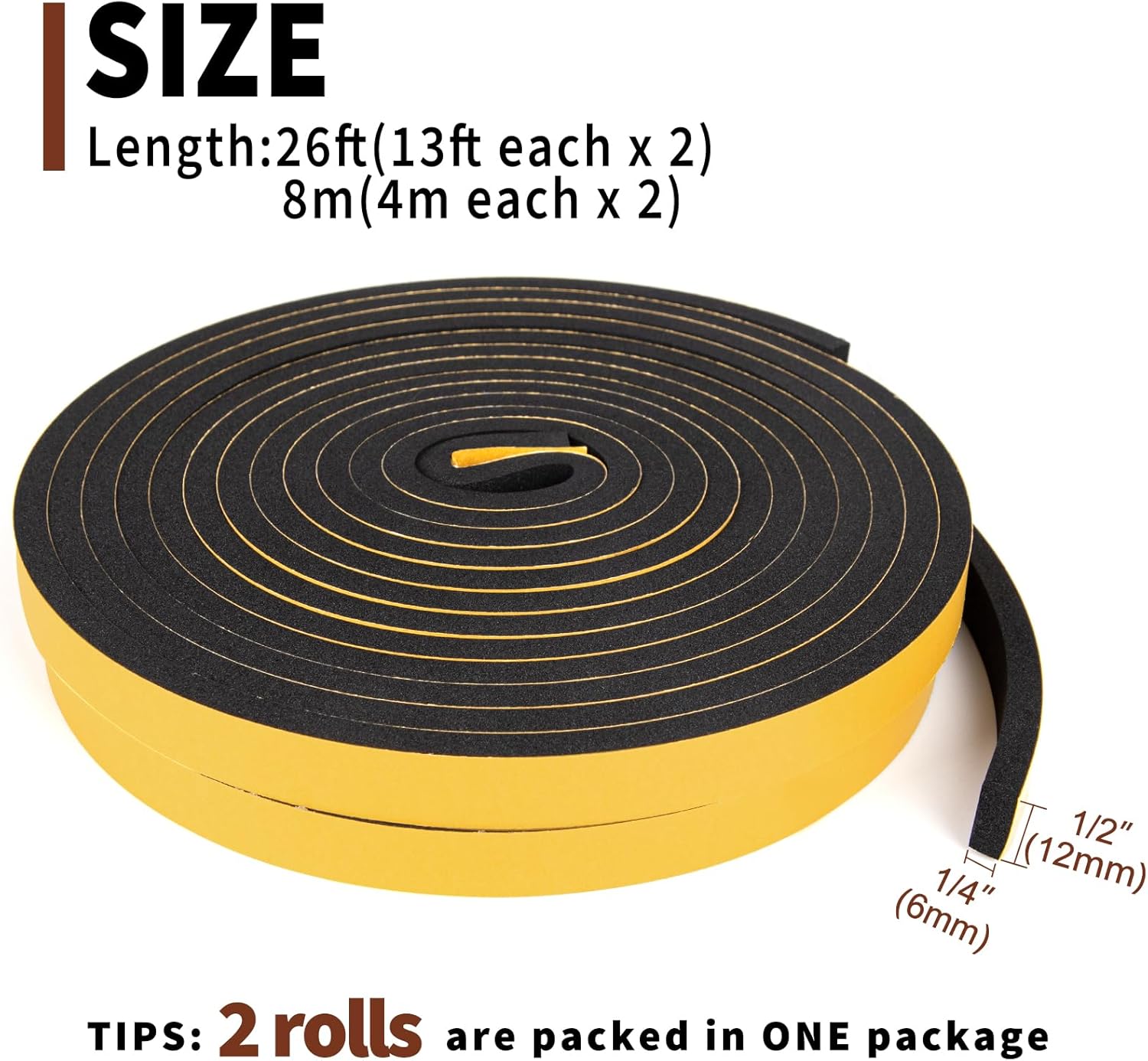 Yotache Weather Stripping Door Seal Strip 1/2 x 1/4 inch, 2 Rolls x 13Ft, New Adhesive Foam Insulation Tape for Door Frames, Windows, Total 26Ft