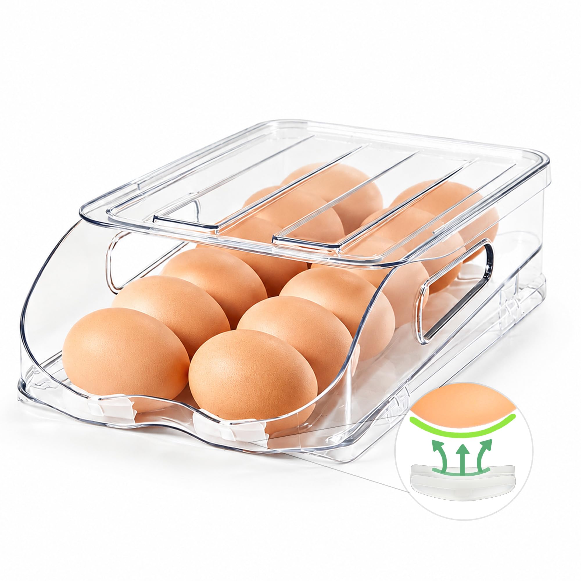 SMRCAD 12-Egg Holder for Fridge with Silicone Bumpers, Auto-Rolling Desigin