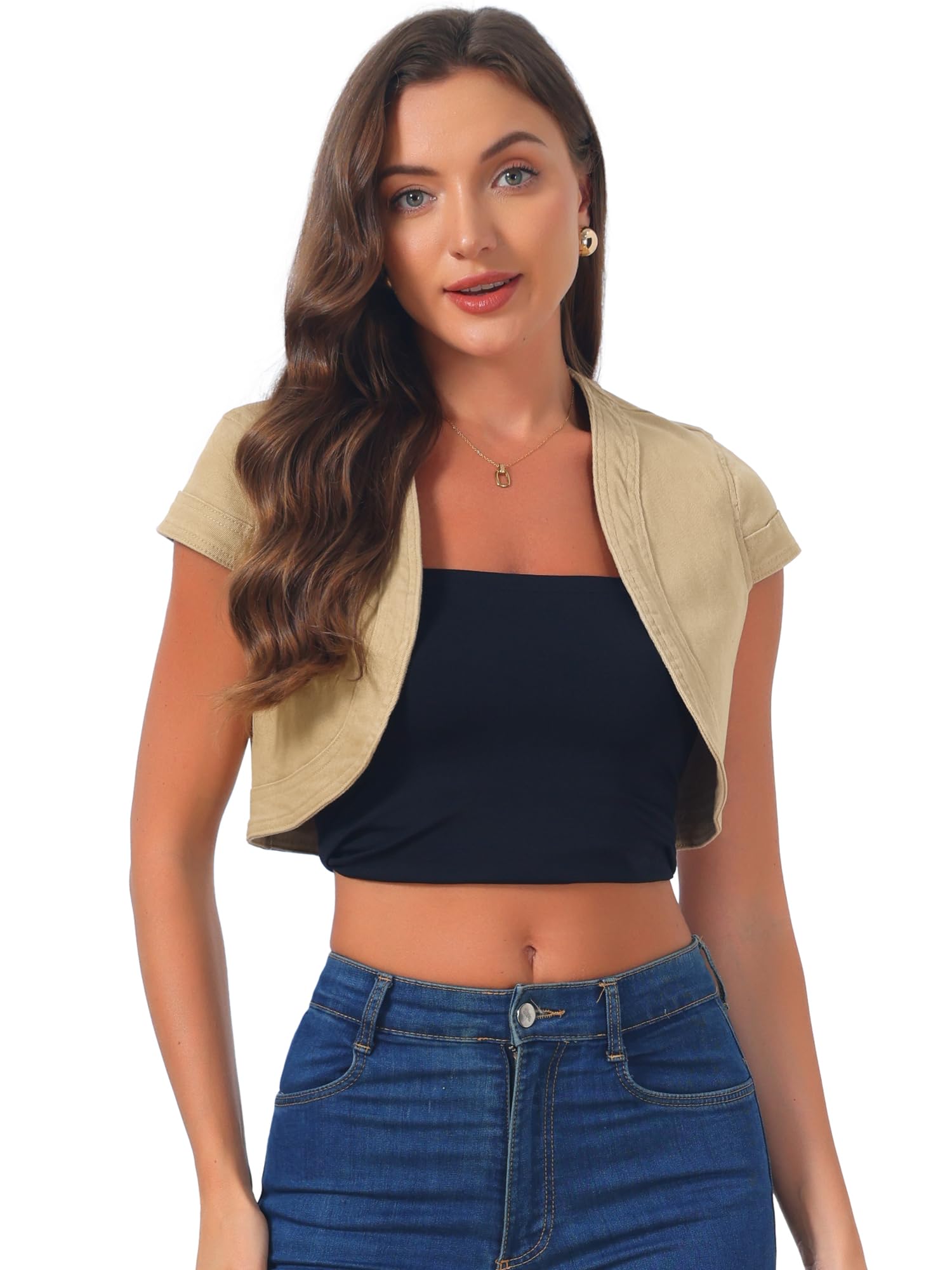Allegra K Women's Cap Sleeve Cropped Denim Jacket