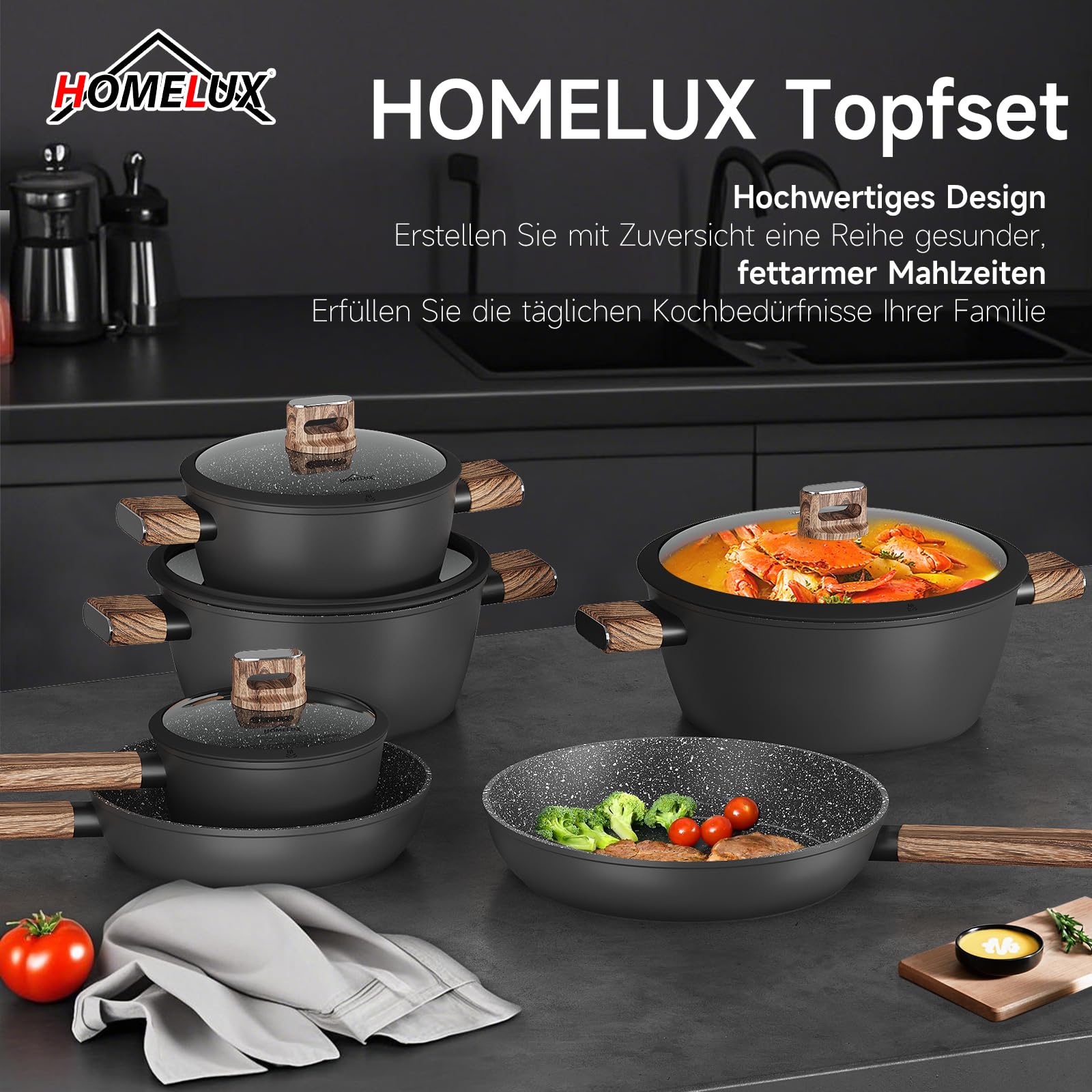 Topfset Pfannenset 10-teiliges,Topfset Induktion, Induktions Töpfe Set, Töpfe mit Glasdeckel, Kochtopf-Set, Töpfe und Pfannen set, Induktionsgeeignet,Schwarz