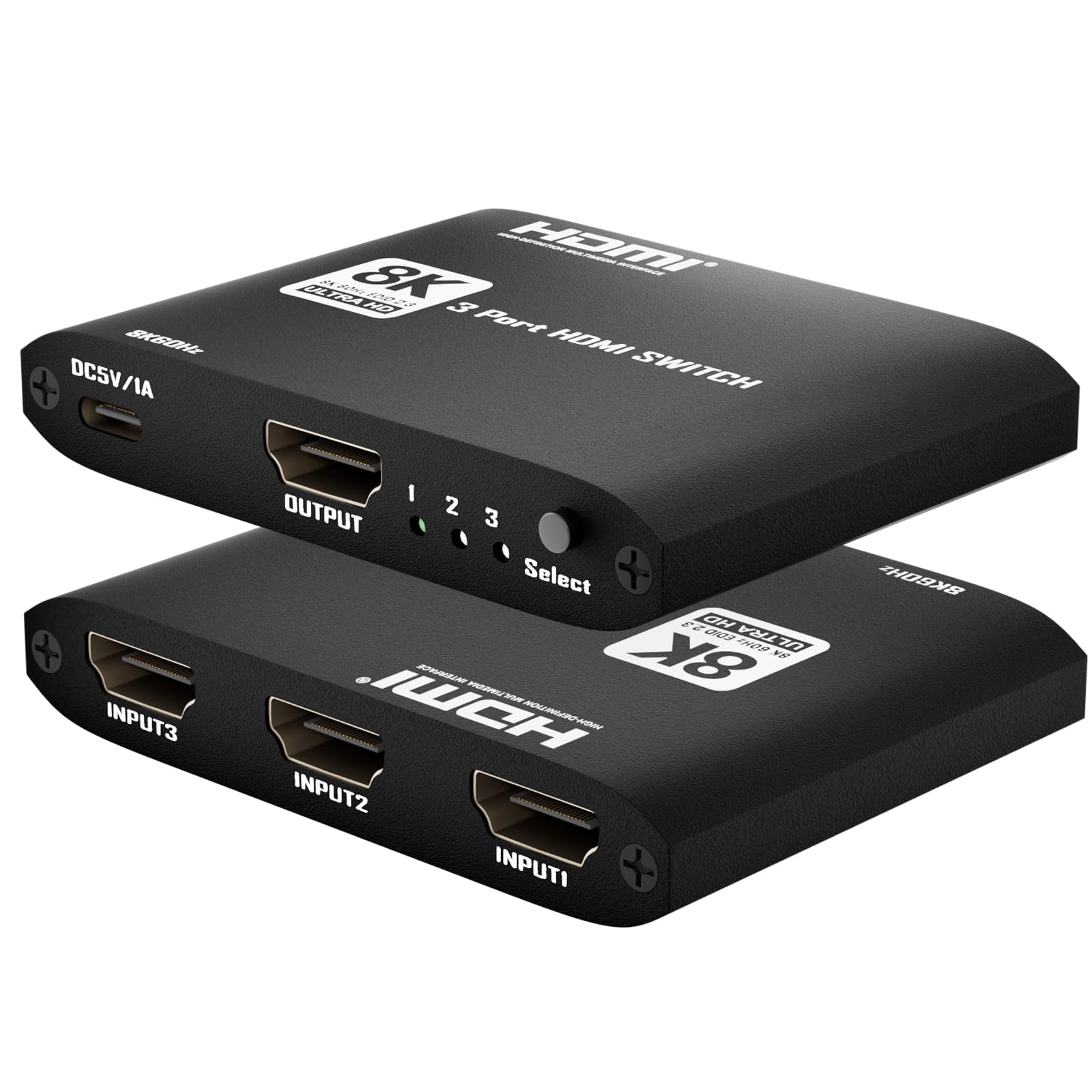 HDMI 2.1 Switch 3 in 1 Out 8k60Hz, 3 Port HDMI Switcher 4K @ 144Hz, 48Gbps, VRR, Dynamic HDR, HDCP 2.3, für PS5/Xbox Series X/Apple TV 8K/Roku Ultra/Fire Stick 8K Max