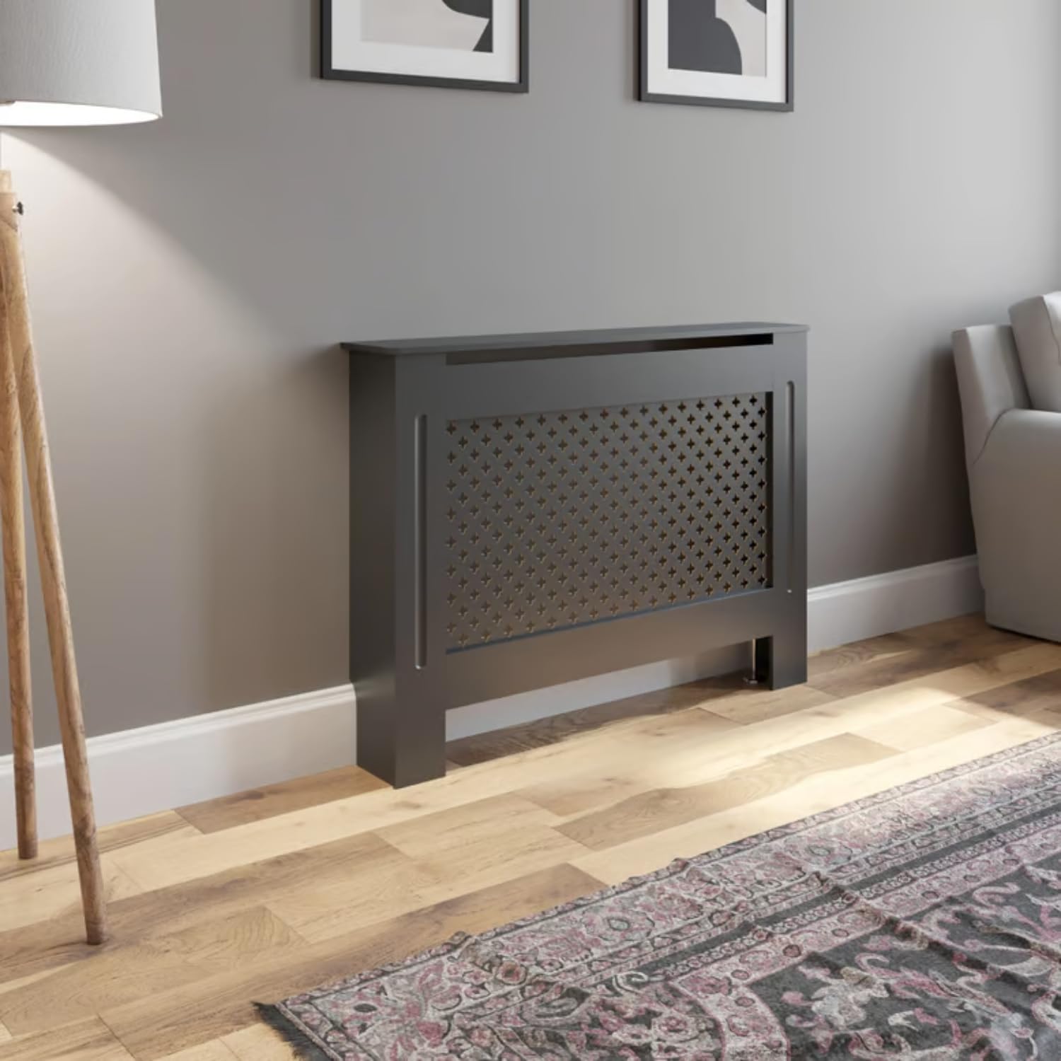 DuraTherm® Radiator Cover Anthracite Grey Painted Traditional Cross Slat Shelves MDF Cabinet Shelf for Radiators, Living Rooms, Bedrooms, Medium (H: 112cm / W: 81.5cm / D: 19cm)