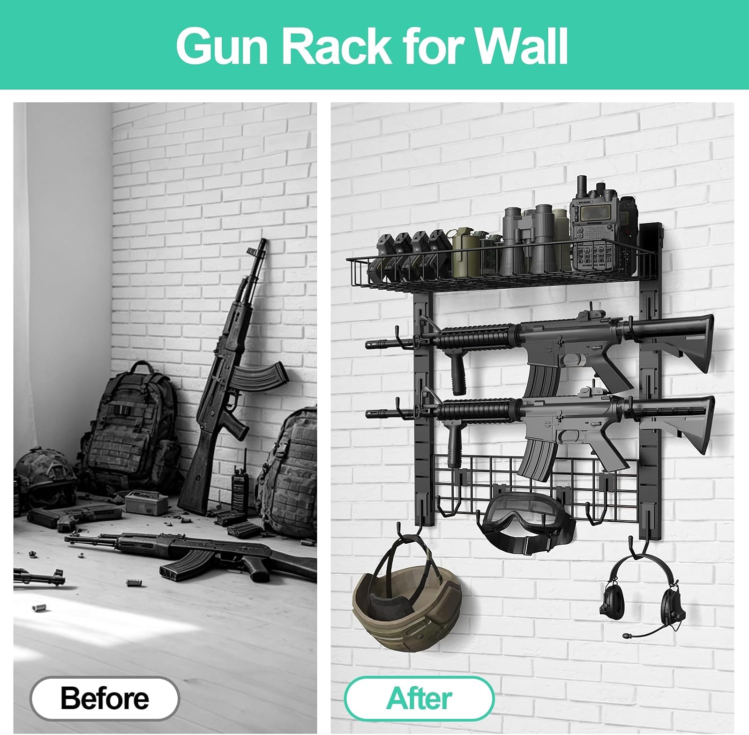 Gun Rack for Wall, Indoor Gun Racks with Storage Basket, Black | Sturdy Construction, Large-Capacity Storage Basket, 10 Adjustable J-hooks, Wall-Mounted Design, Easy to Install