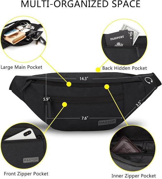 MAXTOP Large Bumbag Waist Fanny Pack Running Belt for Men Women Unisex Bum Bag with Headphone Jack and 4-Zipper Pockets Adjustable Belt for Travel Running Jogging Workout Hiking Gifts Black