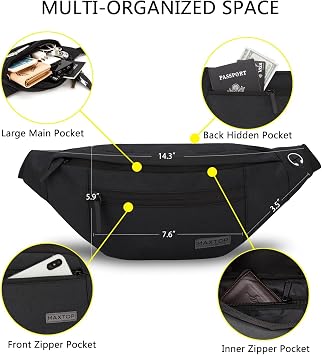 MAXTOP Large Bumbag Waist Fanny Pack Running Belt for Men Women Unisex Bum Bag with Headphone Jack and 4-Zipper Pockets Adjustable Belt for Travel Running Jogging Workout Hiking Gifts Black