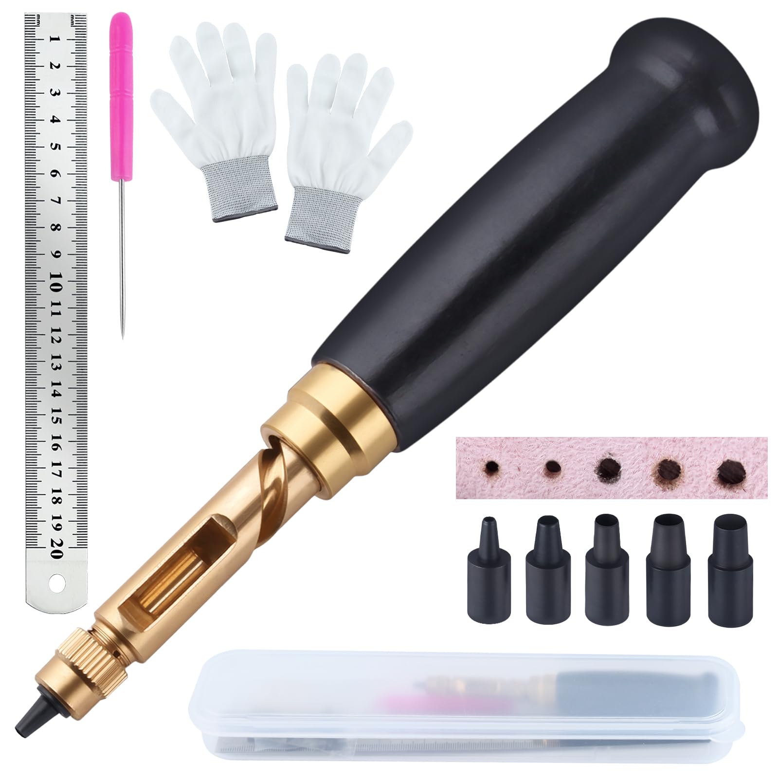 SPEEDWOX Adjustable Leather Hole Punch Tool for Belts Wood Handle Belt Hole Puncher with 6 Tip Sizes 1.5mm/2mm/2.5mm/3mm/3.5mm/4mm Screw for Leather Belt Bag