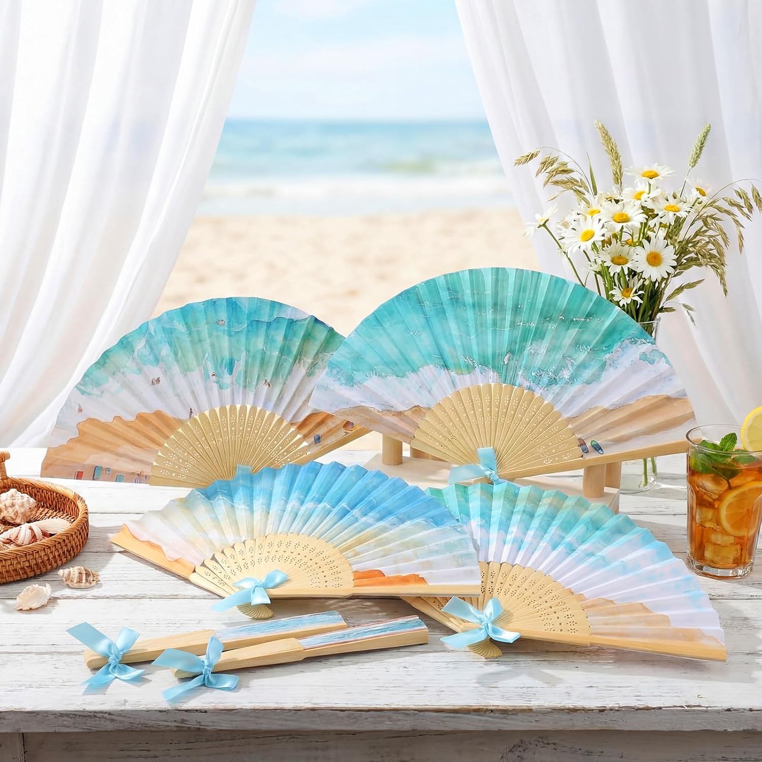Roowest 36 Pcs Beach Folding Hand Fans Bulk Paper Bamboo Handheld Fan with Bows for Summer Beach Wedding Favors Bule Ocean Waves Fans for Bridal Baby Shower Birthday Party Luau Tropical Holiday Decor