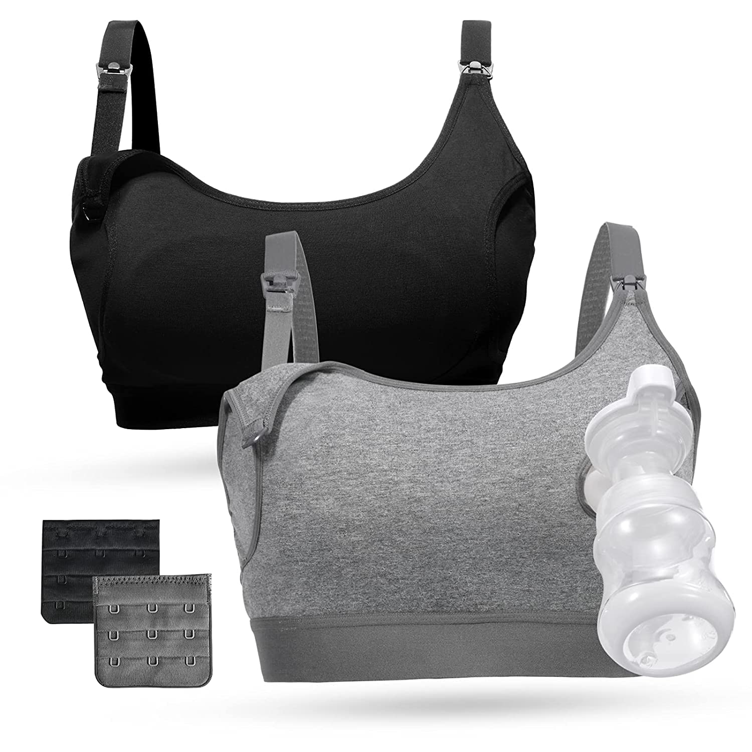 Momcozy Pumping Bra Hands Free, Pumping and Nursing Bra in One Holding Breast Pump for Spectra, Lansinoh, Medela, Black,grey-2pk, Medium